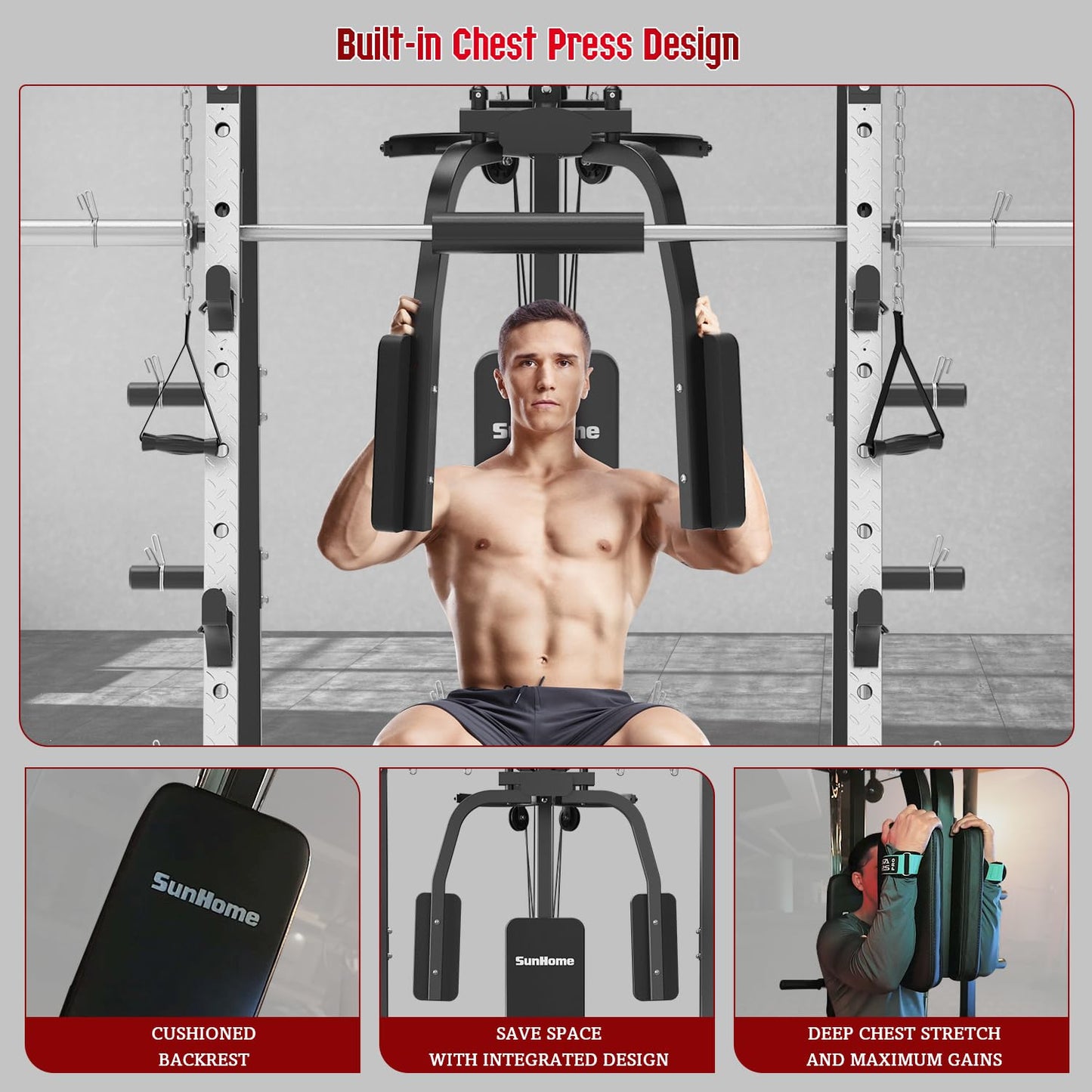 SunHome Smith Machine, Power Cage Squat Rack with Smith Bar, LAT Pull-Down Systems, Cable Crossover Machine and Cable Attachment for Home Gym