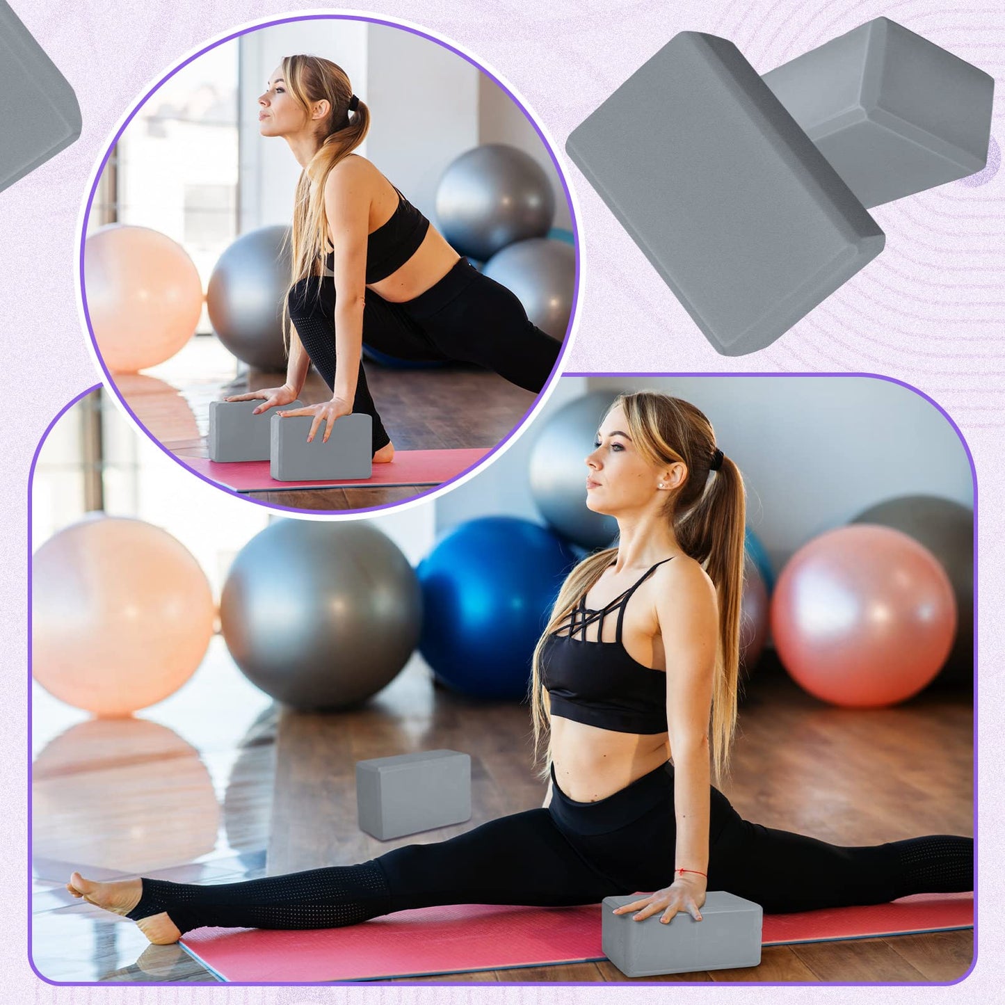Wettarn 6 Pack Yoga Blocks 9 x 6 x 4 Inch EVA Foam Lightweight Non Slip Yoga Props for Pilates Stretching Meditation(Gray)