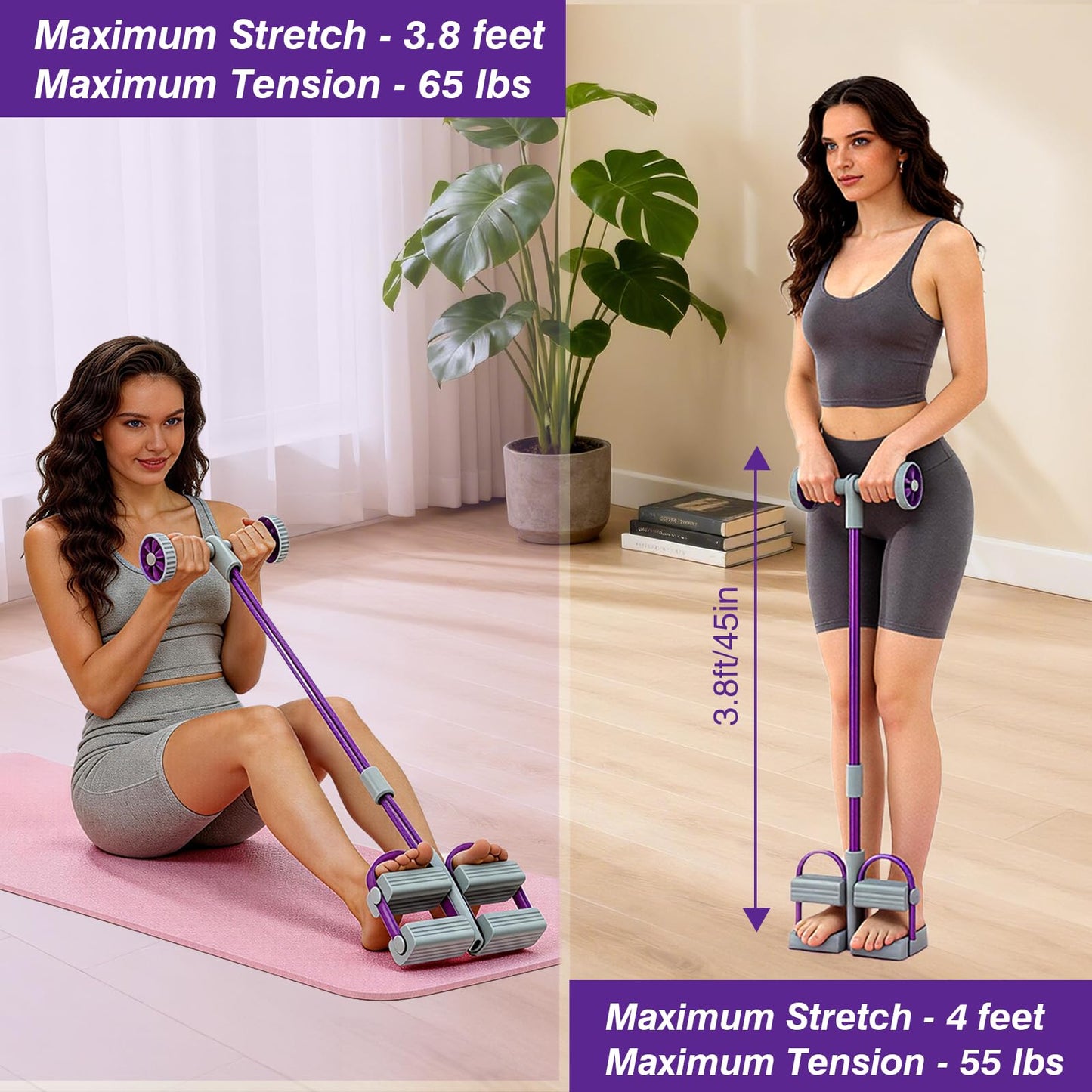 Resistance Bands with Handles, 6 Tube Pedal Resistance Band for Exercise, Dual Pedal Adjustable Resistance, Ab Roller Handle Full Body Home Workout Equipment for Abs, Legs, Arms, Women (Purple)