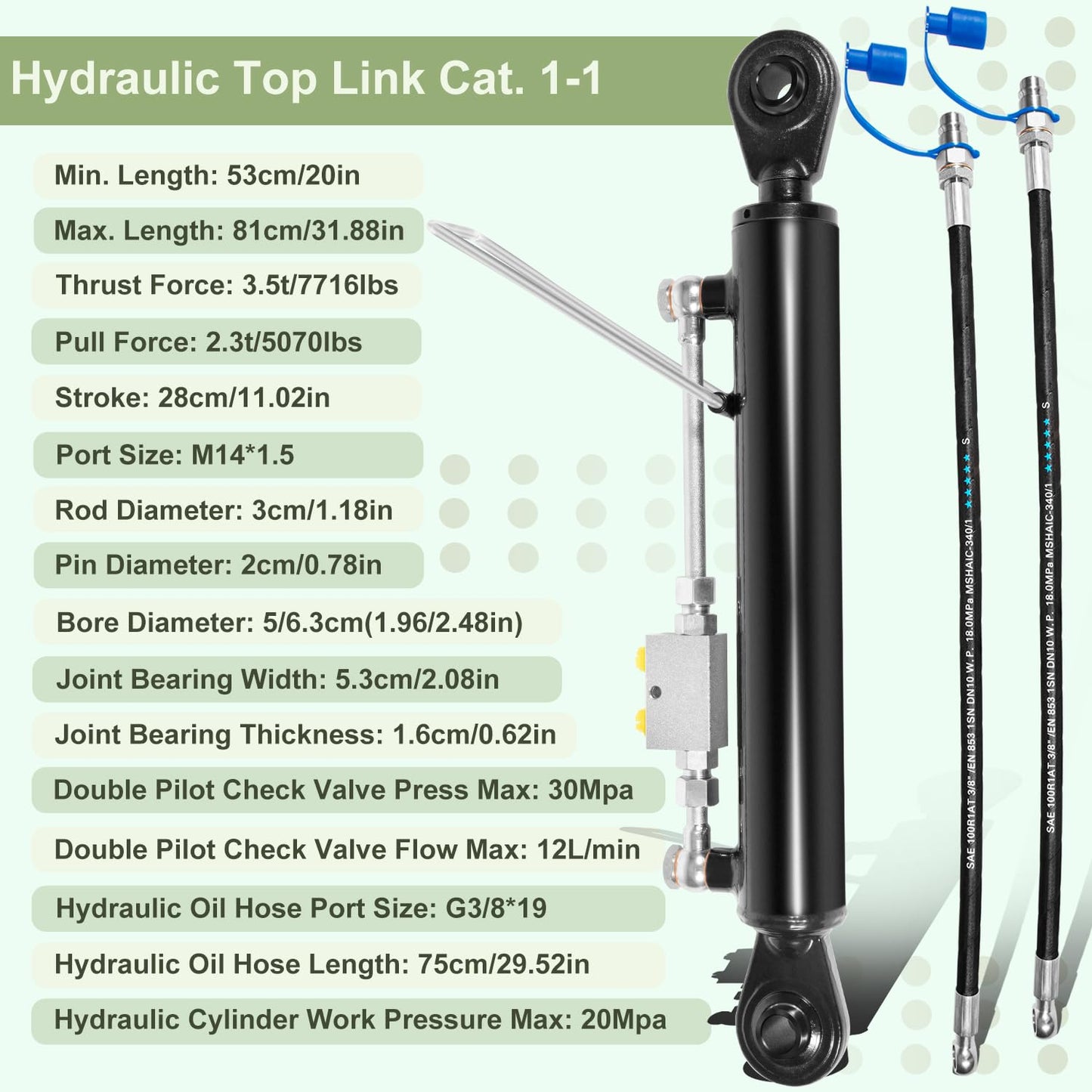 Universal Replacement for Hydraulic Top Link Cat. 1-1 with Block 20 7/8” - 31 7/8” with 2 x Hose and a Dual Check Vavle, Fits for Tractors, Excavators