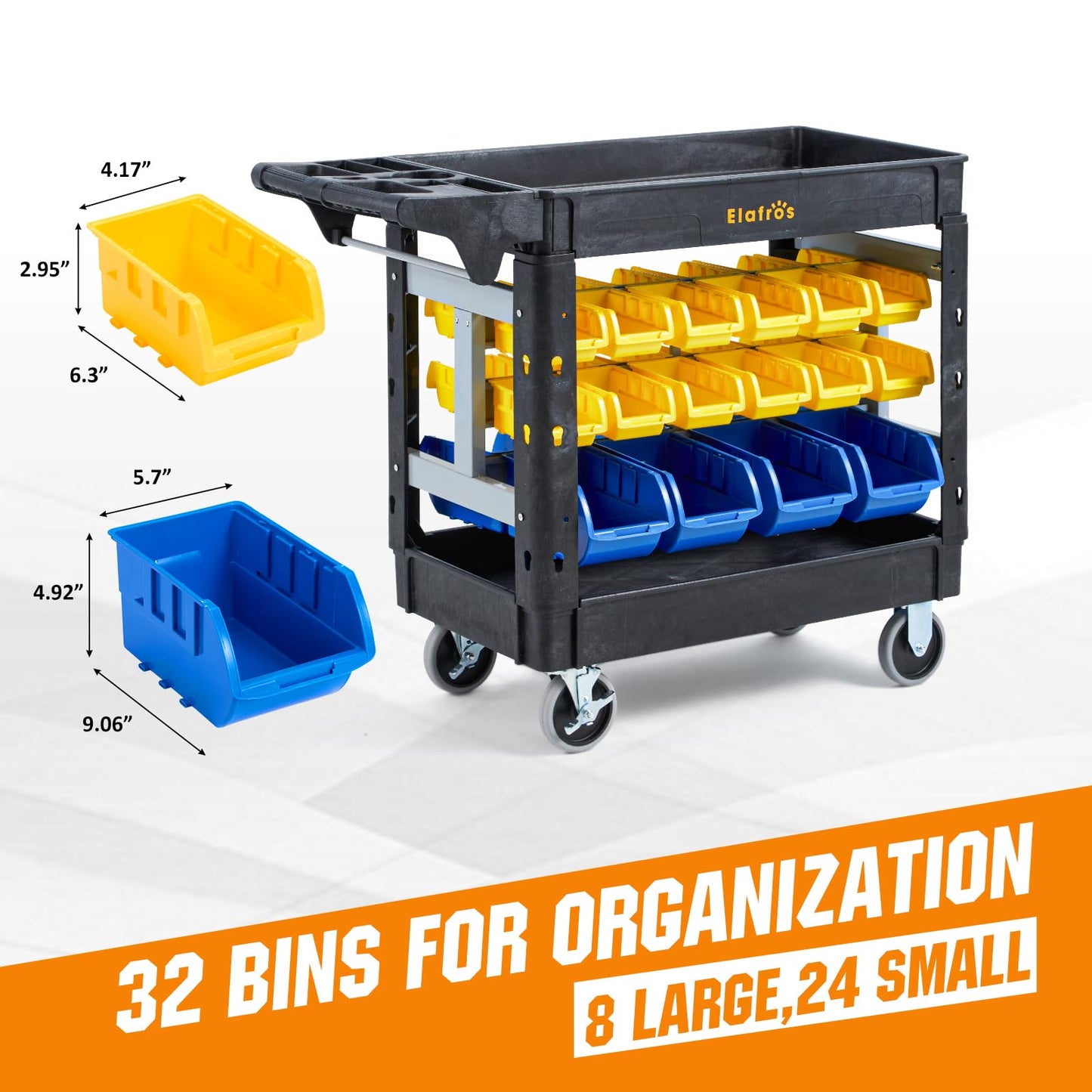 Elafros 2-Tier Utility Cart with 32 Storage Bins – Heavy-Duty Rolling Service Cart with Deep Tub Shelves, Locking Wheels, 550 lbs Capacity, 40.7"x17", for Workshop, Garage, Office