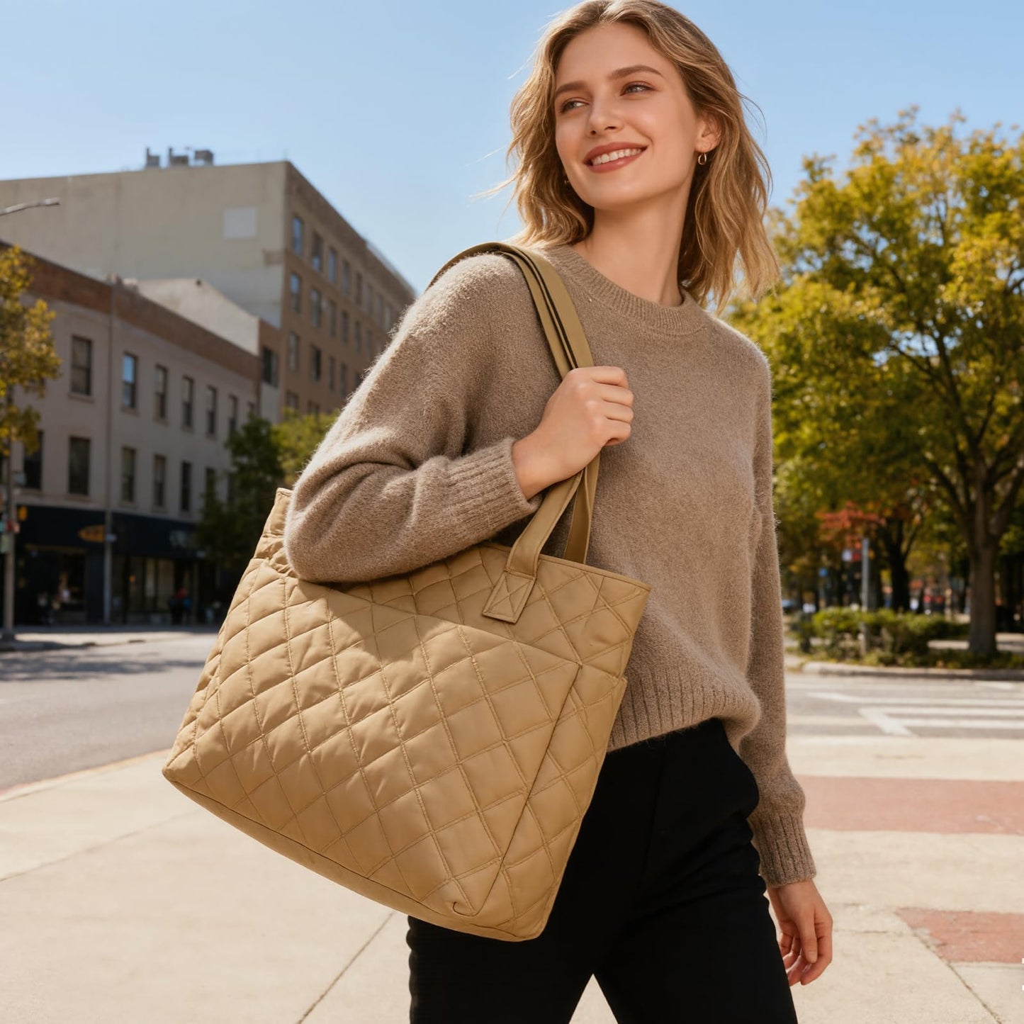 TRIOBASE Tote Bag for Women,Lightweight Quilted Handbag with Compartments,Puffer Shoulder Tote Bag with Zipper for Work,Travel,Gym
