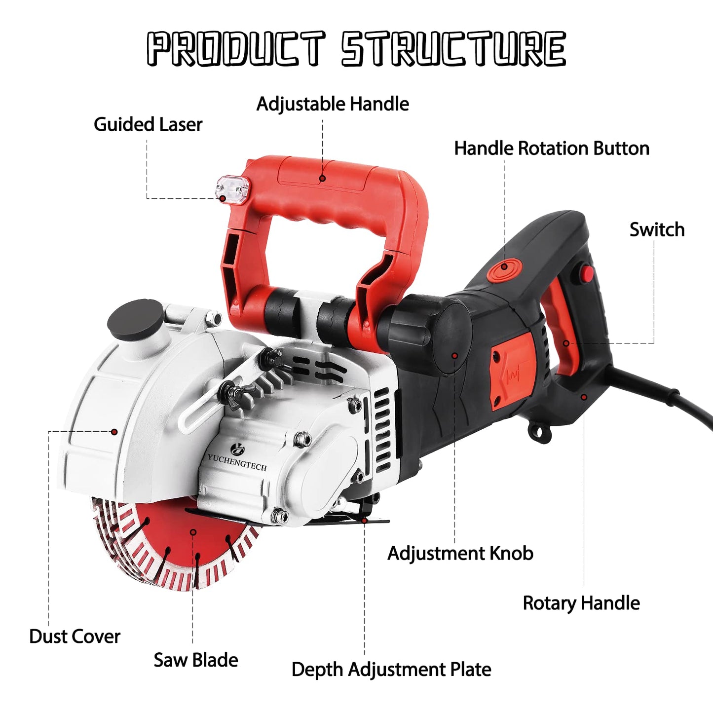YUCHENGTECH 5800W Wall Chaser Wall Groove Cutting Machine Electric Wall Chaser Grooving Cutting Machine With Infrared Sighting Line 110V (17.5in and 5.5in)