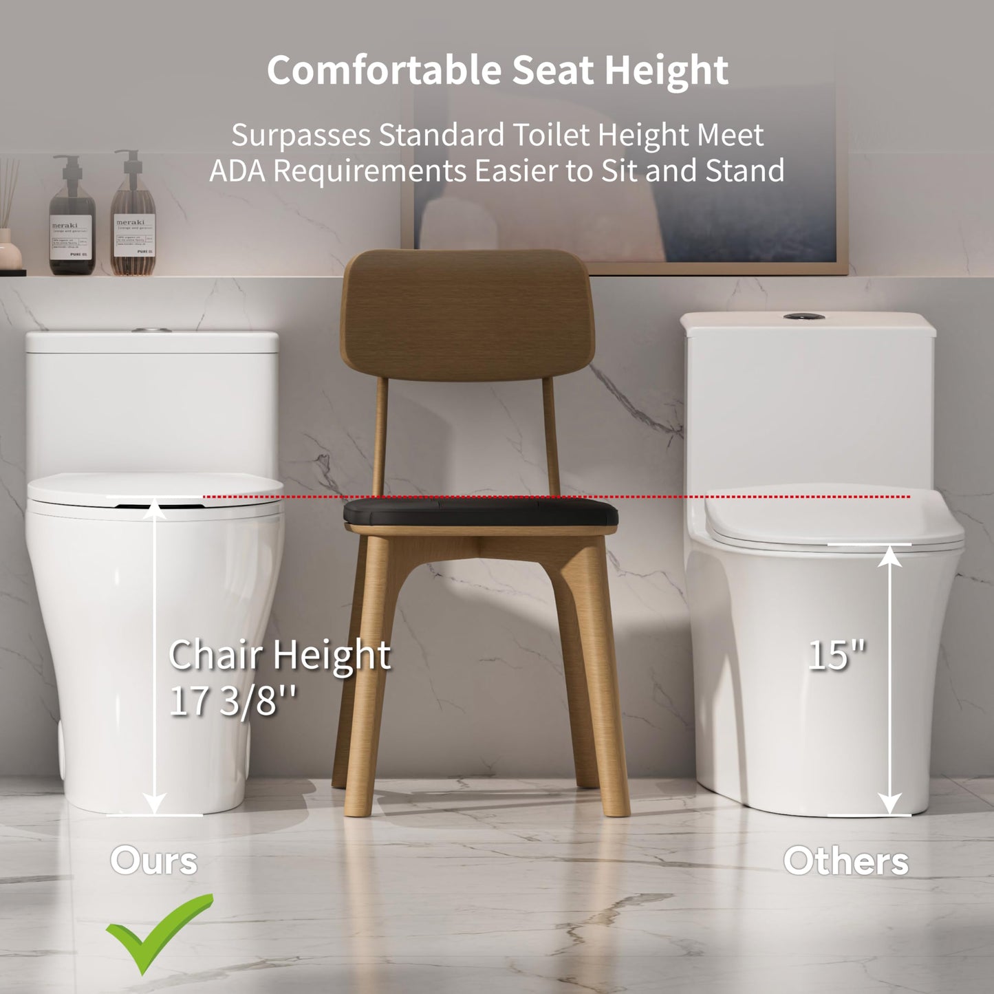 Elongated One Piece Toilet with Comfort Chair Seat ADA Height 17.33", Powerful Dual Flush 0.8/1.28 GPF Compact Toilet, MAP 1000g, Standard White Toilet Bowl, 12'' Rough-in