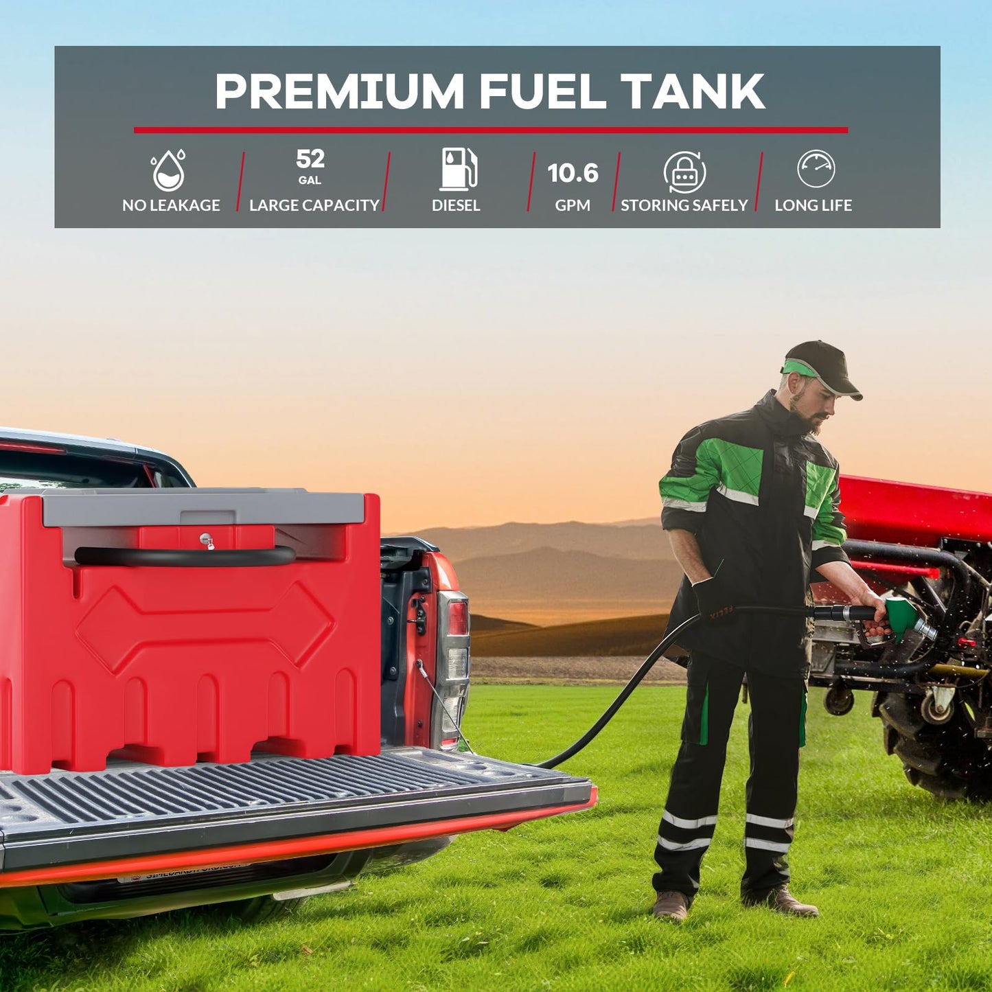 52 Gallon Portable Diesel Fuel Tank with 12V Pump, Auto Shut-Off Nozzle, 15Ft Hose & 360° Swivel, Heavy-Duty HDPE Diesel Transfer Tank for Trucks, Farm, Generator, Construction - Red Box