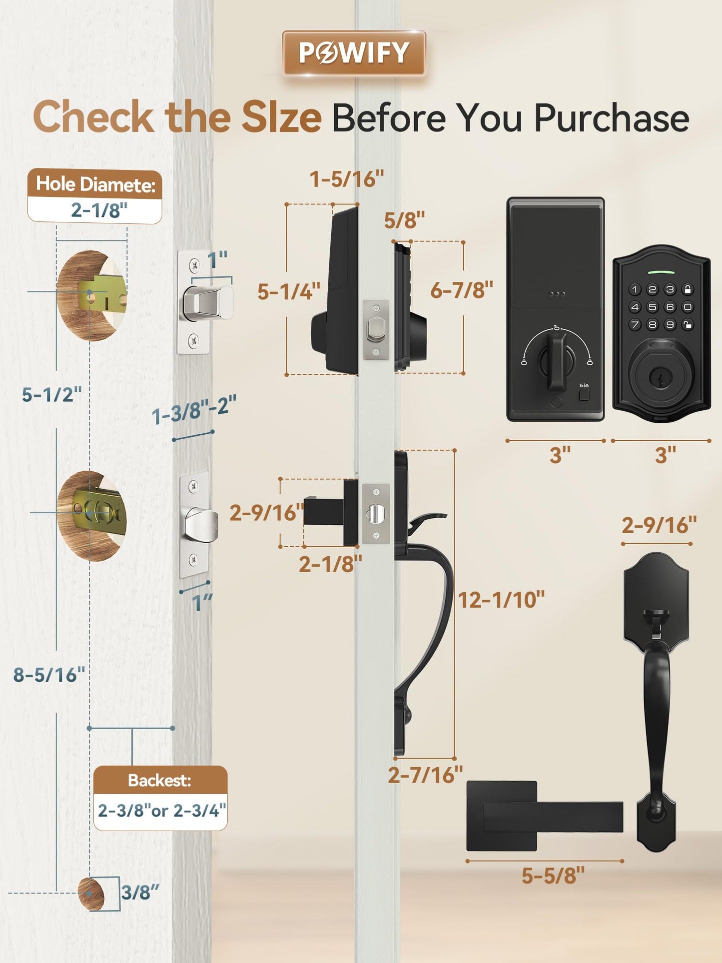 POWIFY Keyless Entry Door Lock with Handle,Fingerprint Smart Front Door Lock Set,APP Control, Electronic Keypad Deadbolt with Lever Handle, Anti-Peeping, Auto Lock, Easy Install, Black