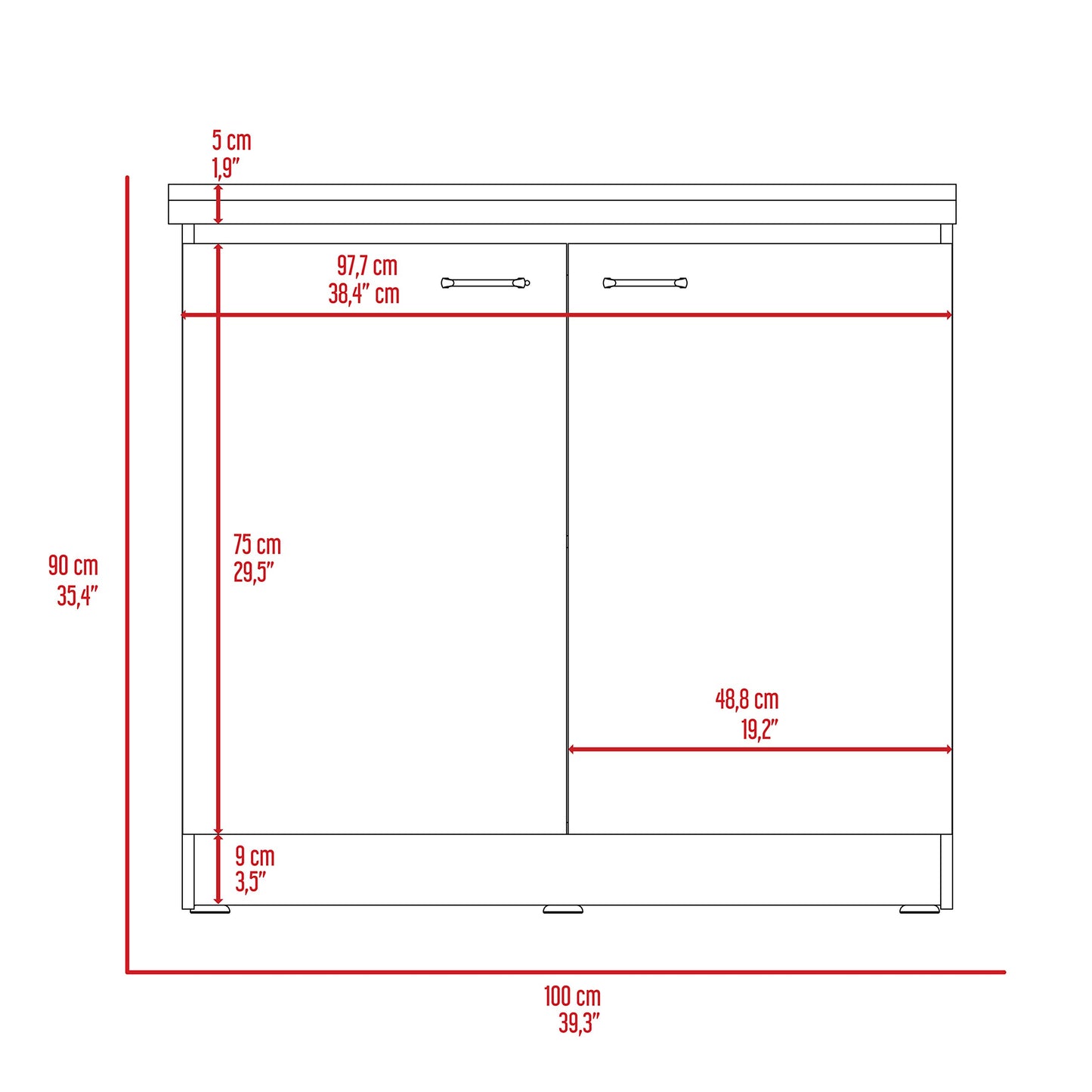 DEPOT E-SHOP Salento Utility Freestanding Sink with Cabinet 35.4" H x 39.3" W - Double Door, Two Shelves, Metal Handles, Aluminum Countertop, White, with Integrated Steel Sink