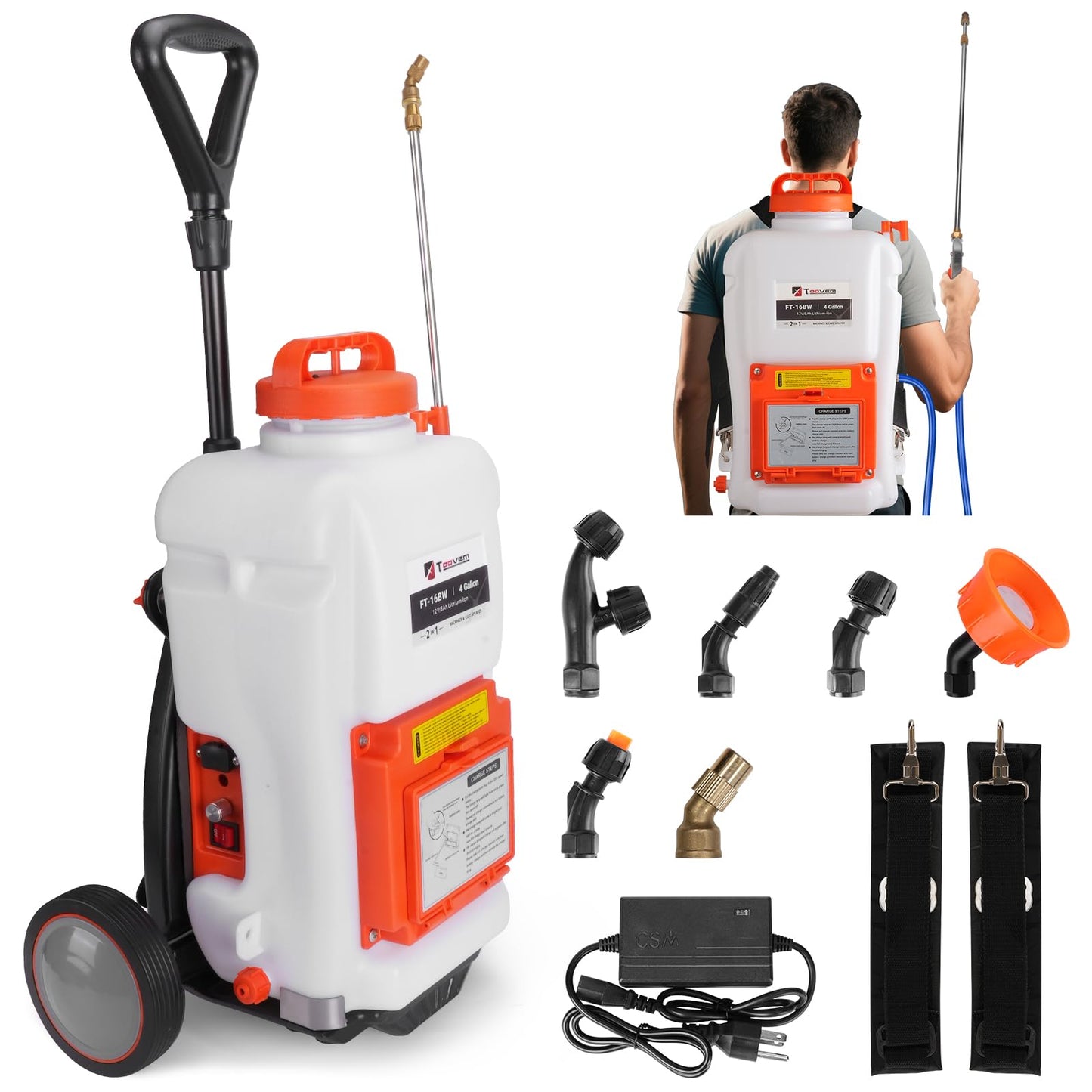 Toovem Battery Powered Backpack Sprayer, 4 Gallon Electric Sprayer with Wheeled Cart, Adjustable 0-94 PSI Backpack Garden Sprayer with 10FT Hose, 6 Nozzles for Lawn, Garden, Yard