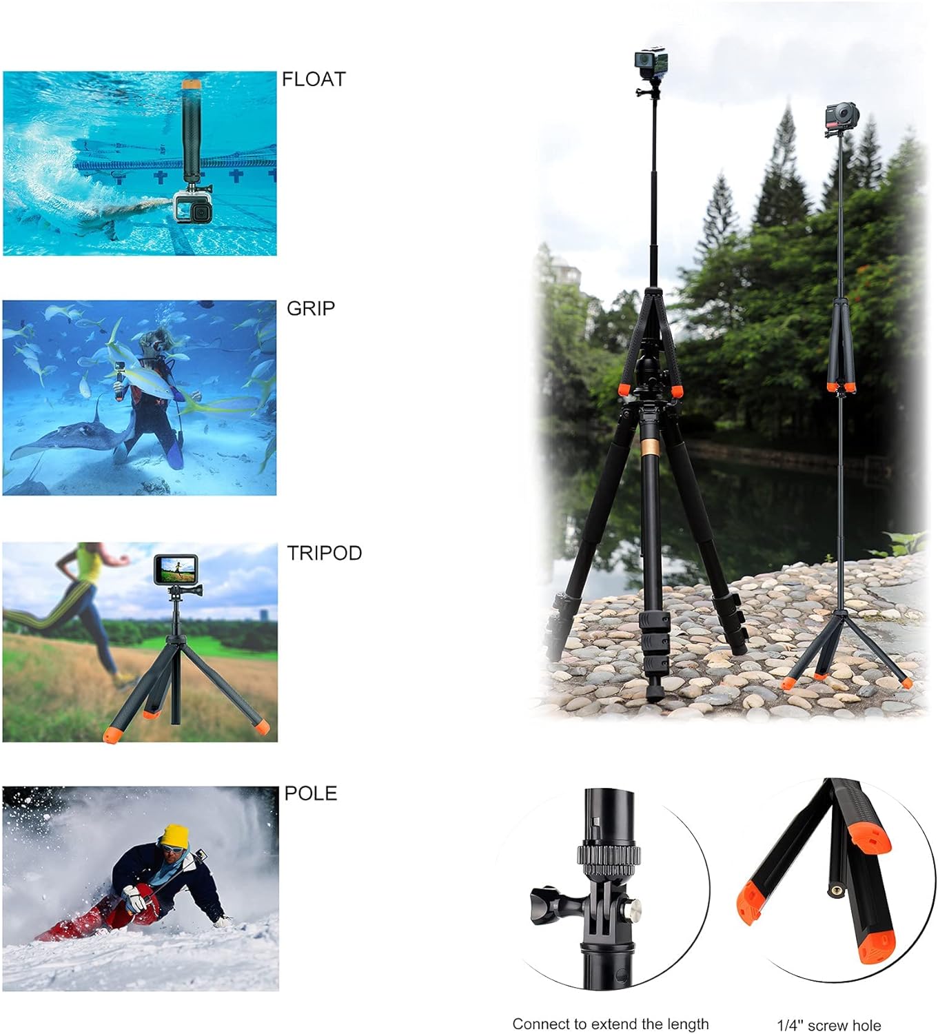 YALLSAME 13 12 11 10 9 8 6 5 4, EK7000, 4 1 Floating Selfie Stick for GoPro Hero Mini Max Fusion Session, DJI OSMO