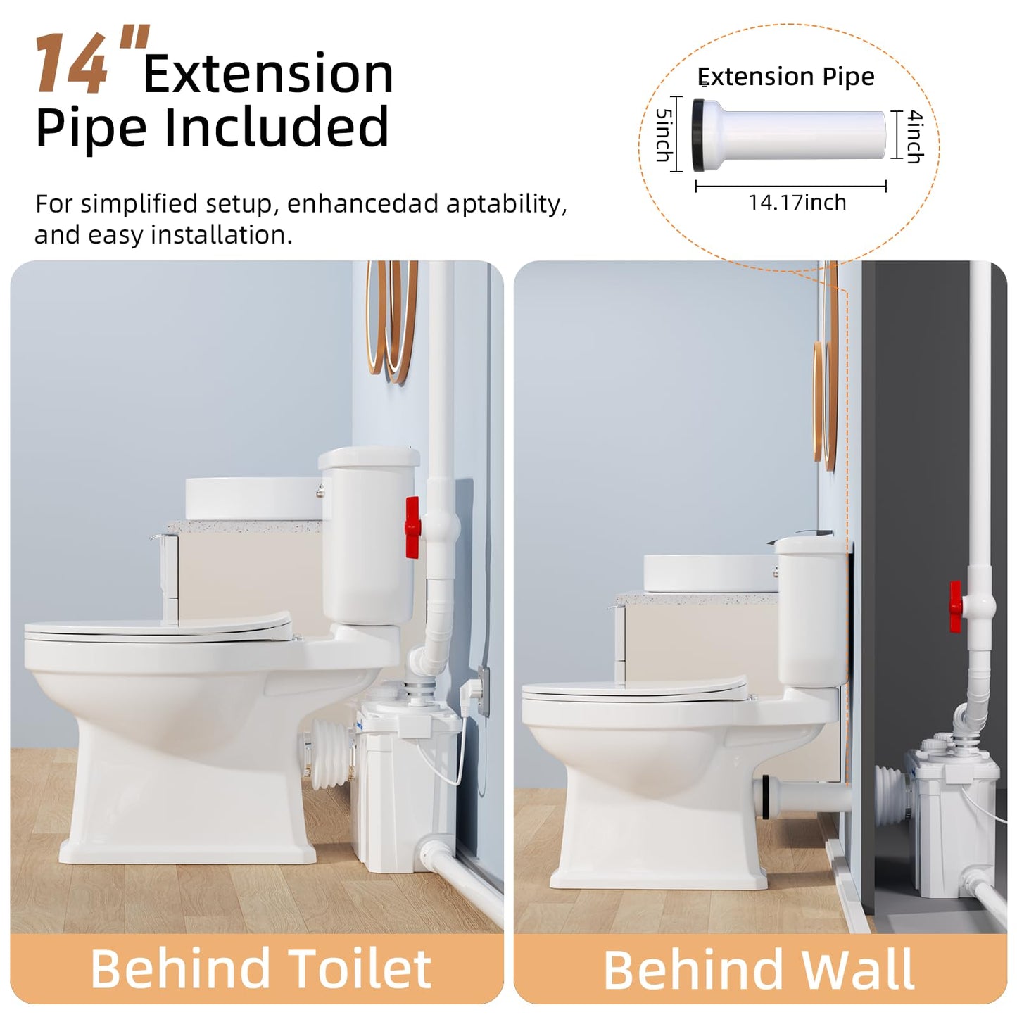 Macerating Toilet Upflush System for Basement Bathroom, Complete Macerating Toilet Kit with 4 Inlets, Toilet Bowl, Water Tank, Soft Close Seat & Extension Pipe, for Sink Shower Kitchen