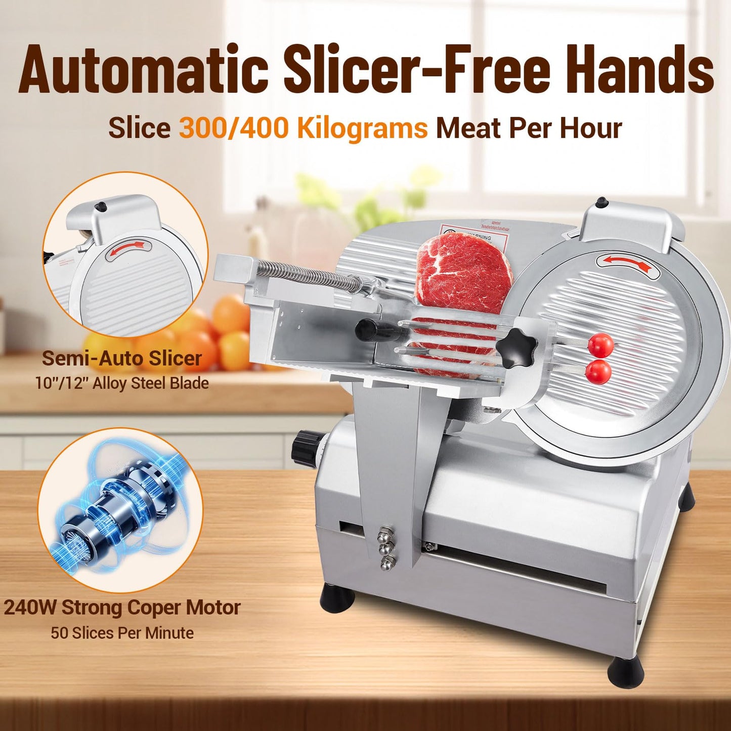 Electric Meat Slicer - 12 Inch Electric Food Slicer With Adjustable Thickness, Stainless Steel Blade, 800W Power, for Home and Commercial Use
