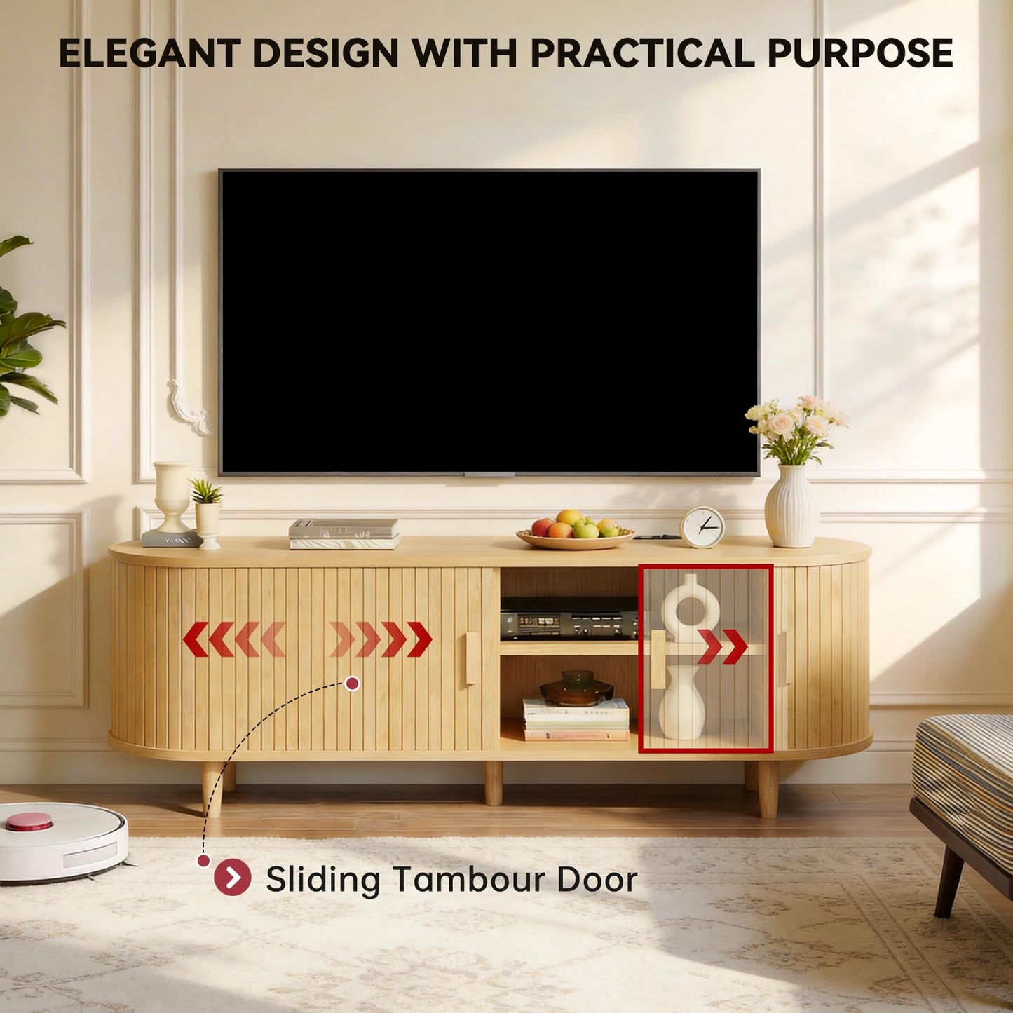 OneBlis 65" Mid Century Modern TV Stand with Power Outlet, Fluted Entertainment Center with Storage and Adjustable Shelves, Wood TV Console with Sliding Doors for Living Room, Oak