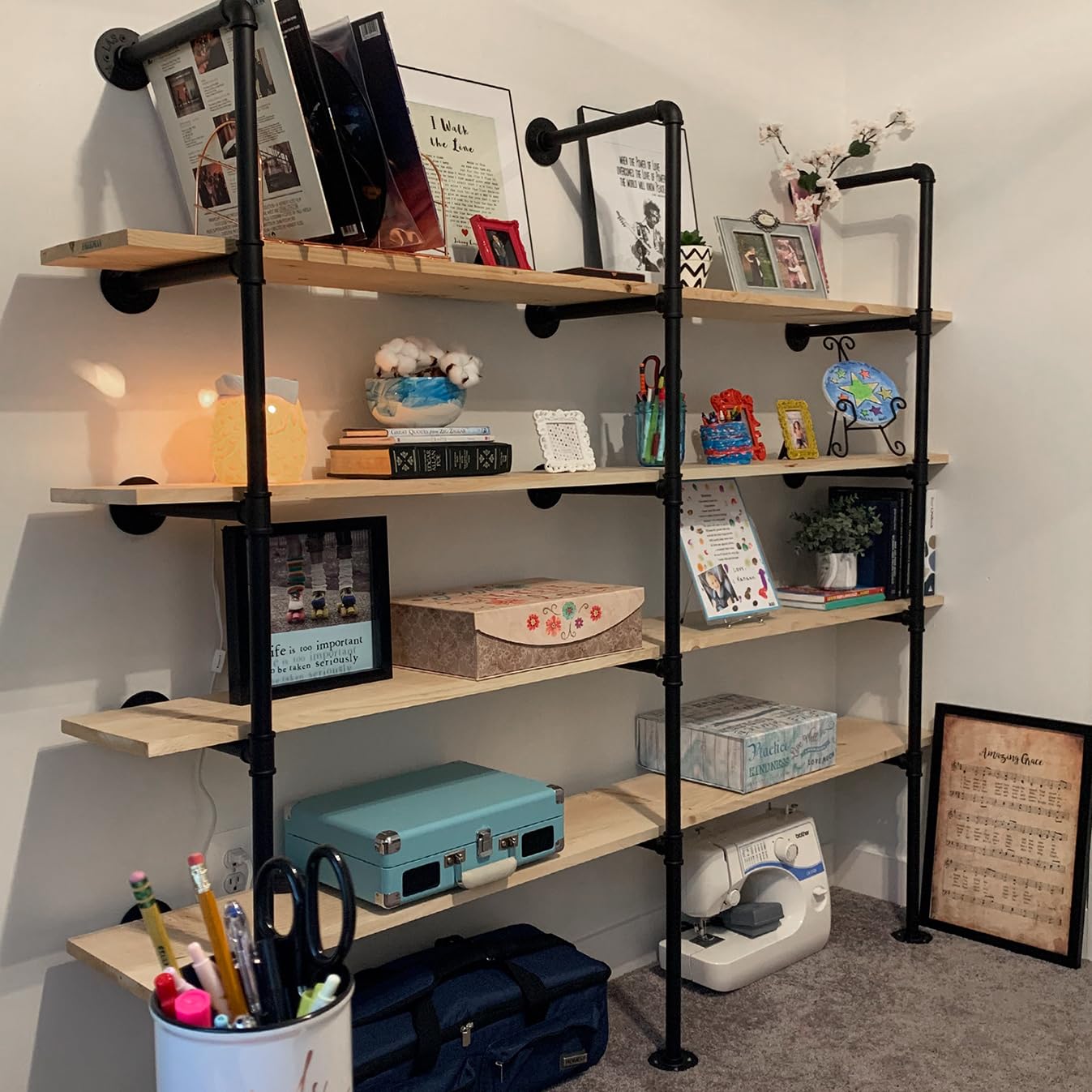 HITOMEN Industrial Iron Pipe Shelves, 3 Set 5-Tier 70.5" Tall 12" Depth, DIY Open Bookshelf Bookcase, Wall Mounted Vintage Retro Shelving, Rustic Farmhouse Pantry Kitchen Storage, Black Shelf Brackets