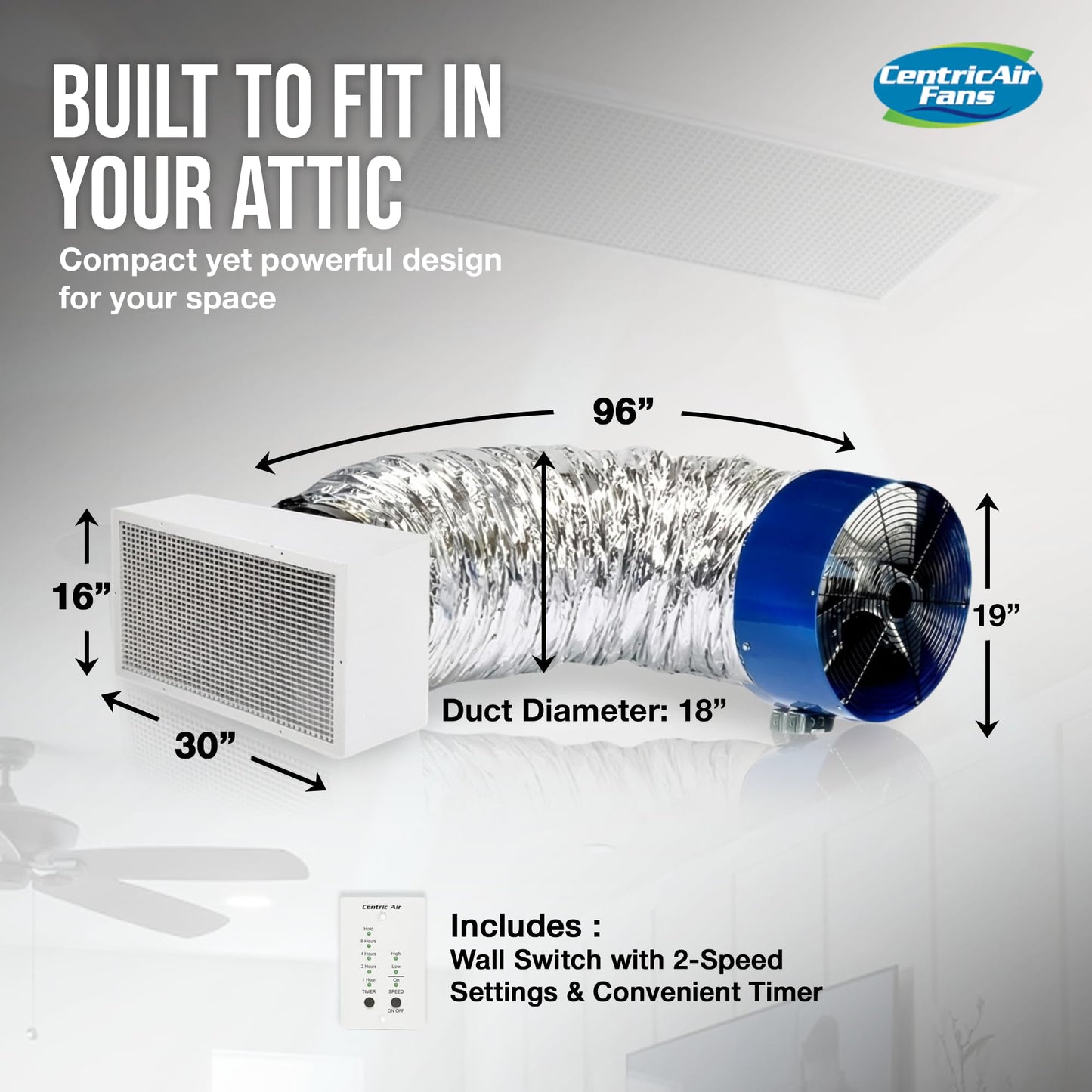 Centric Air QA-Deluxe 5500 Whole House Fan | Energy Efficient | Low Voltage Plug and Play, 2-Speed Wall Switch with Timer | R5 Insulated Damper | 5500 CFM | 10-Year Motor Warranty | Made in USA