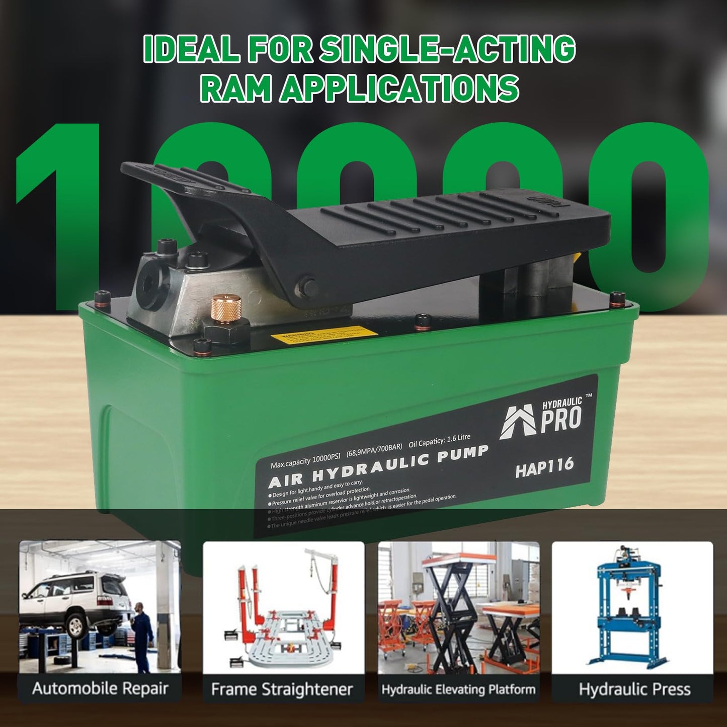 HYDRAULIC PRO 10,000 PSI Air Hydraulic Pump, 1.6L Reservoir, NPT 3/8" Oil Outlet, NPT 1/4" Inlet, Foot Pedal Operated, for Auto Body Frame Machines, Hydraulic Press, and Hole Punch, Green