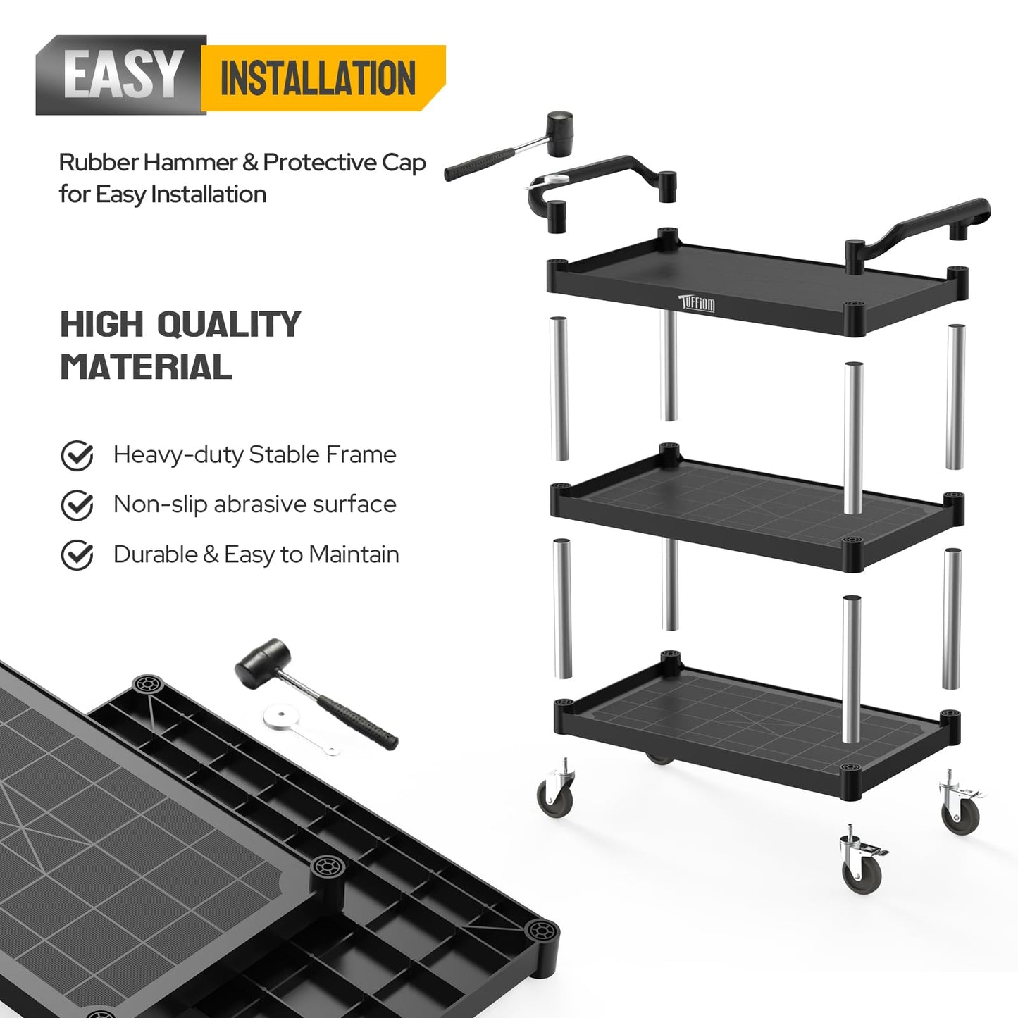 TUFFIOM Plastic Service Utility Cart with Wheels,Heavy Duty 450lbs Capacity, 3-Tier Commercial Rolling, Ideal for Restaurant, Foodservice, Office, Warehouse, Black 39.8''L x 19.1''W x 38.4''H