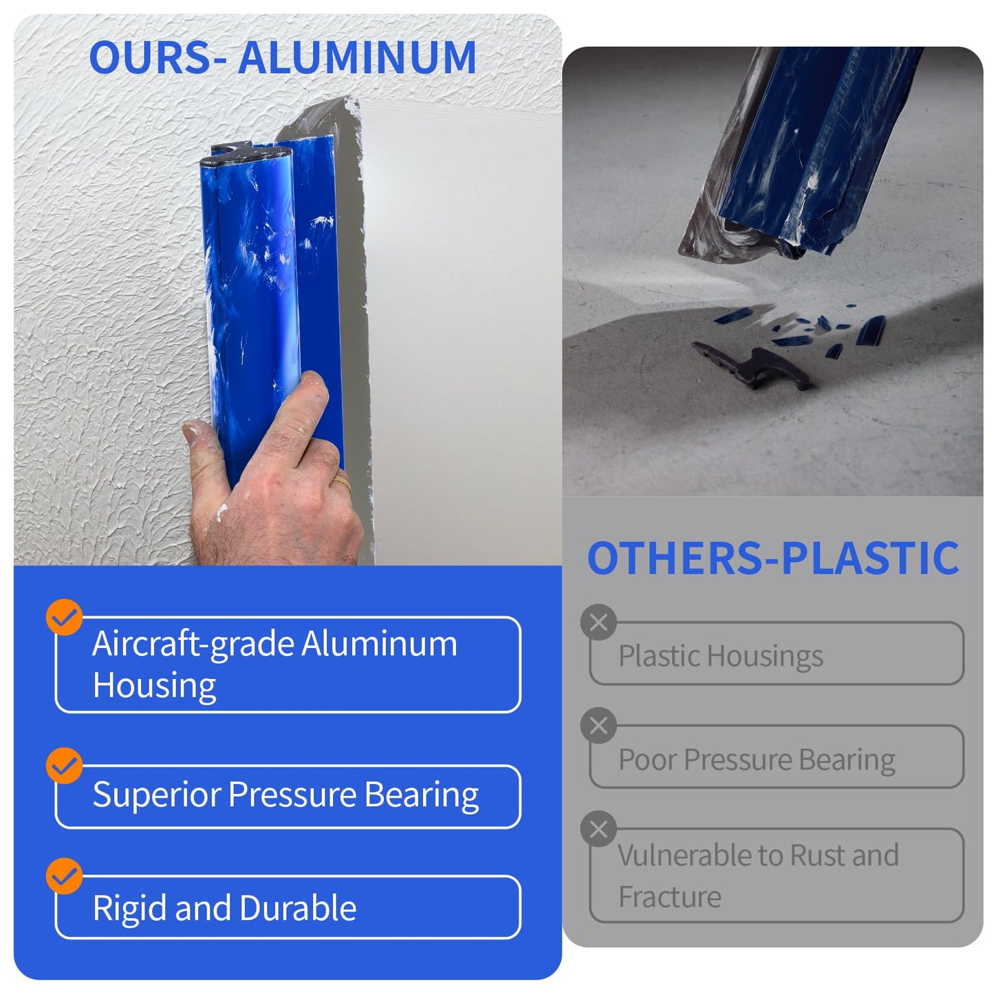 KEZERS Drywall Skimming Blade Set-7",10",14",16" & 24" Skimming Blades + 35"-81" Extension Handle, Stainless Steel Construction Knife,Smoothing Drywall Knife,Extruded Aluminum,High Impact End Caps