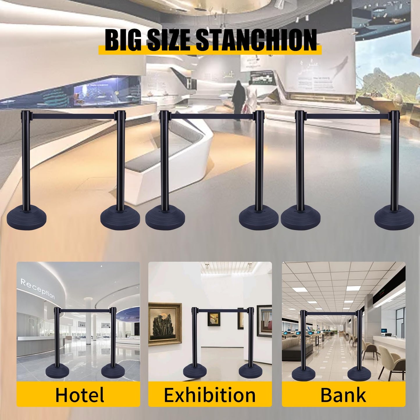 6PACK BESEA Crowd Control Stanchions with 10 FEET Retractable Belts, Water Filled Base Weighted Barriers Black Post