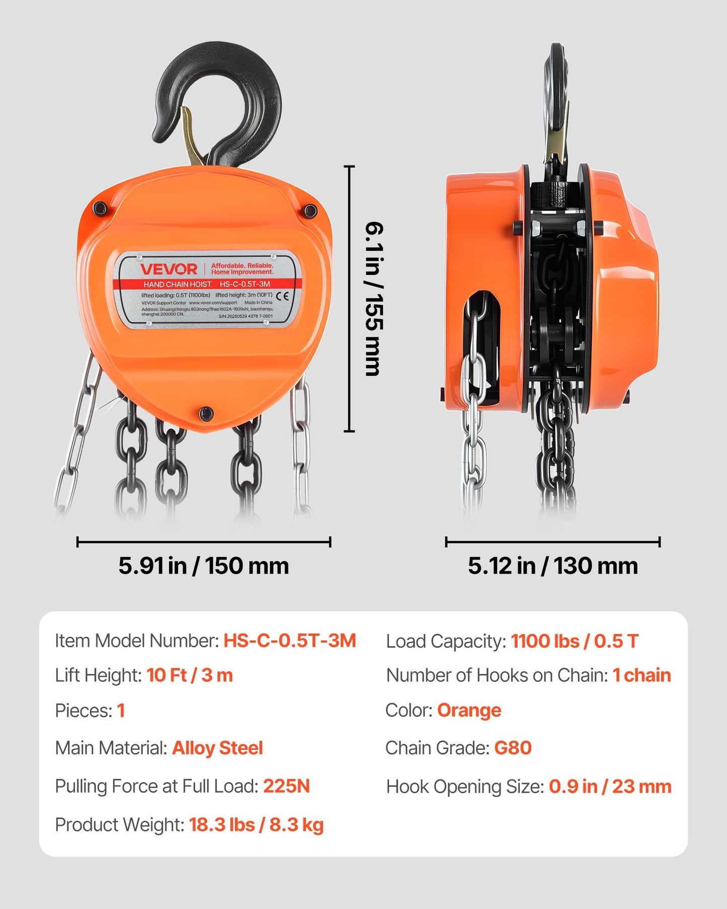 VEVOR Hand Chain Hoist, 1/2 Ton 1100 lbs Capacity, Manual Chain Block with Upgrade G80 Galvanized Chain, 10 ft Lifting Height, Heavy Duty Pulley Hoist for Garage Warehouse Automotive Machinery, Orange