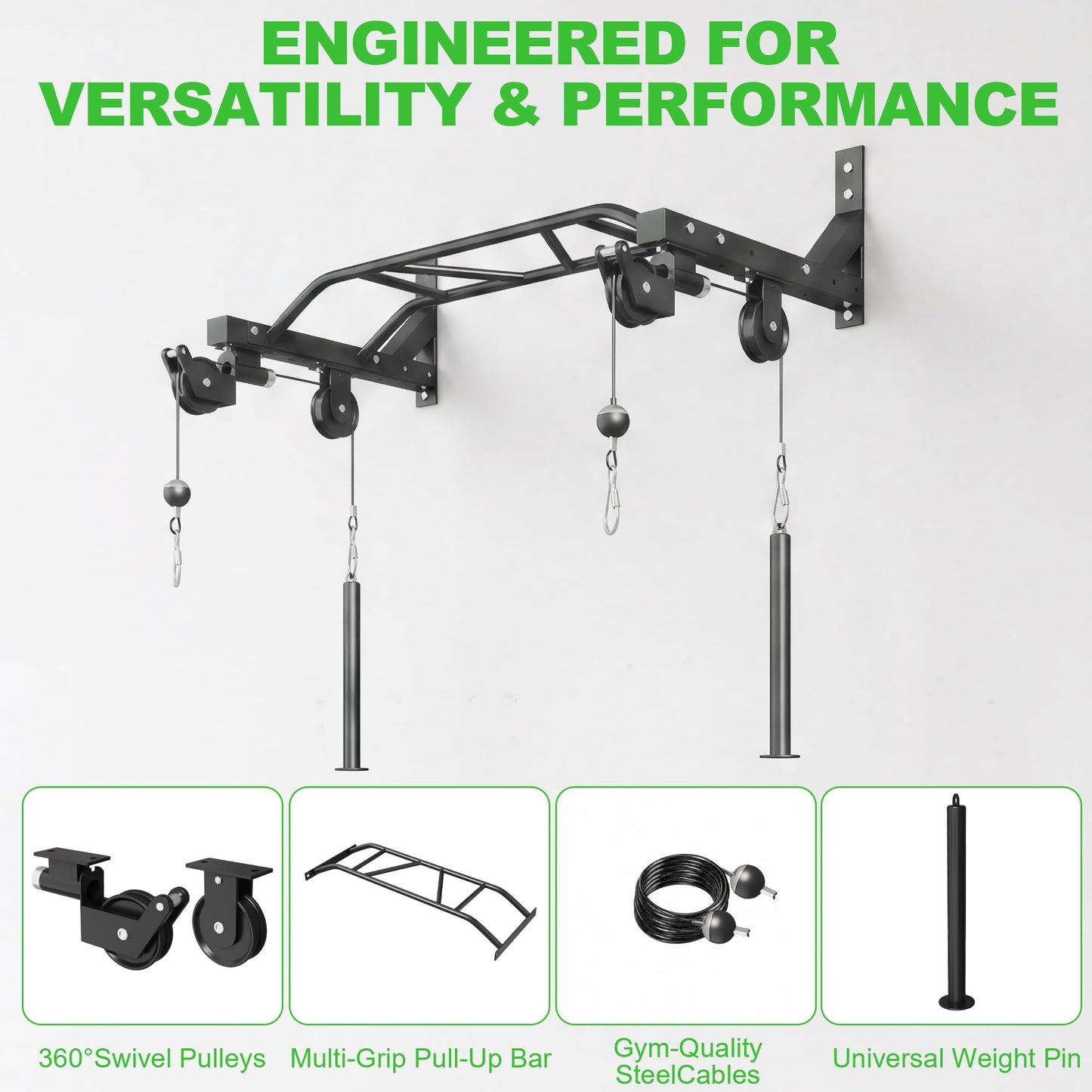 Wall Mounted Pull Up Bar, Heavy Duty Multi-Grip Chin Up Bar for Home Gym, 450 lbs Weight Capacity Upper Body Strength Training Equipment, Metal Construction with Home Gym Cable Pulley System