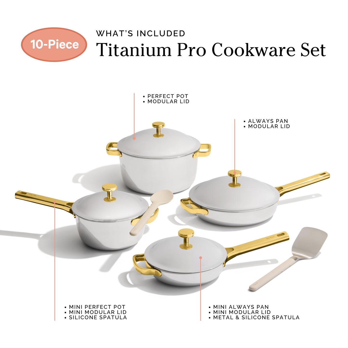 Our Place Titanium Pro Cookware Set | 10-Piece Pots and Pans Set with Always Pan Pro, Perfect Pot Pro & Minis | Non-Toxic No-Coating Nonstick | Induction & Oven-Safe up to 750°F | Gold