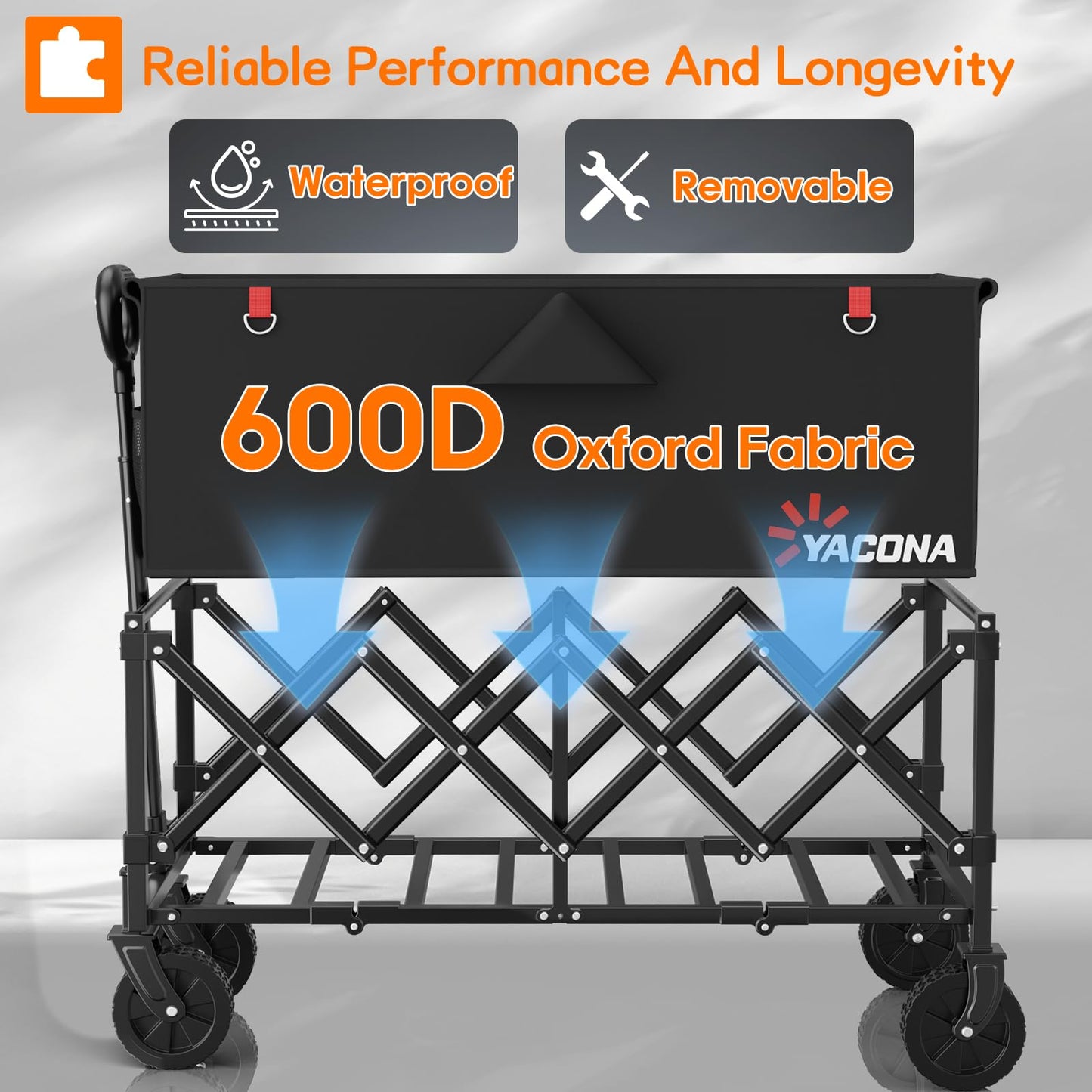 35" L Extra Long Wagons Carts Foldable, 360LBS Heavy Duty Collapsible Wagon with Wheels, Folding Wagon Portable Utility Cart for Groceries, Shopping, Camping, Sports