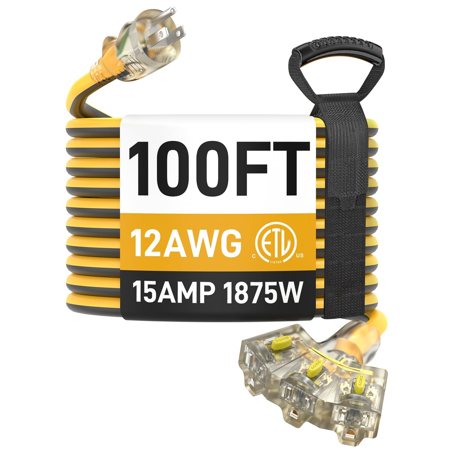 100FT Outdoor Extension Cord with Multiple Outlets, 12/3 Gauge Heavy Duty, 15A 1875W, 3 Prong with LED Light & Locking Plug, Weather Resistant, ETL Certified for Lawn Mower, Tools, Christmas Lights