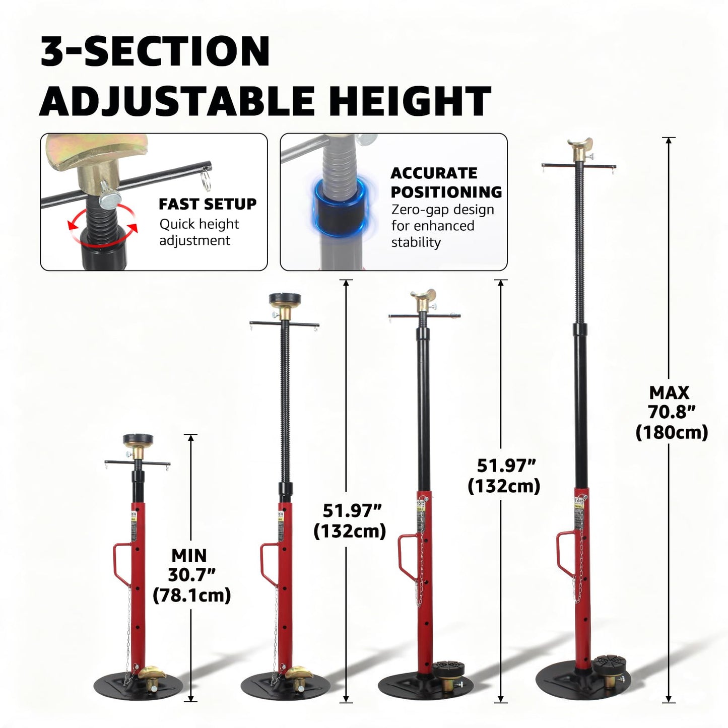 BESTOOL 1.5-Ton (3000Ibs) Underhoist Support Stand with Handle, Adjustable Height 30.7'' to 70.8'', Multi-Functional Topped Adapter, Easy Switching, Supporting Vehicle Components（US Patented）