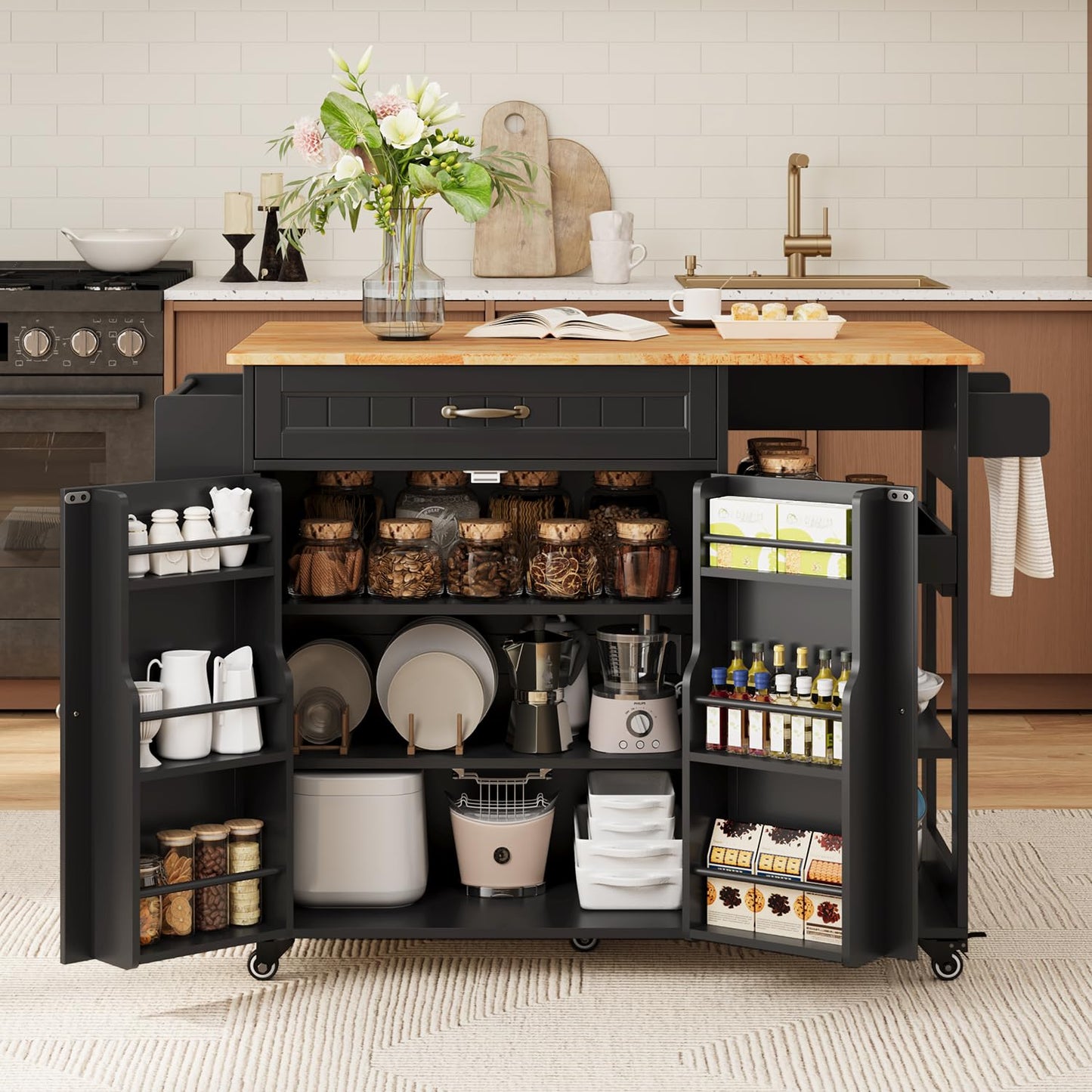 Gizoon Kitchen Island with Storage, Kitchen Island with Drop Leaf, 41.7’’W Rolling Dining Cart, Foldable Countertop, 5 Wheels, Refrigerator Door, Adjustable Shelves, Spice/Towel Rack, Black