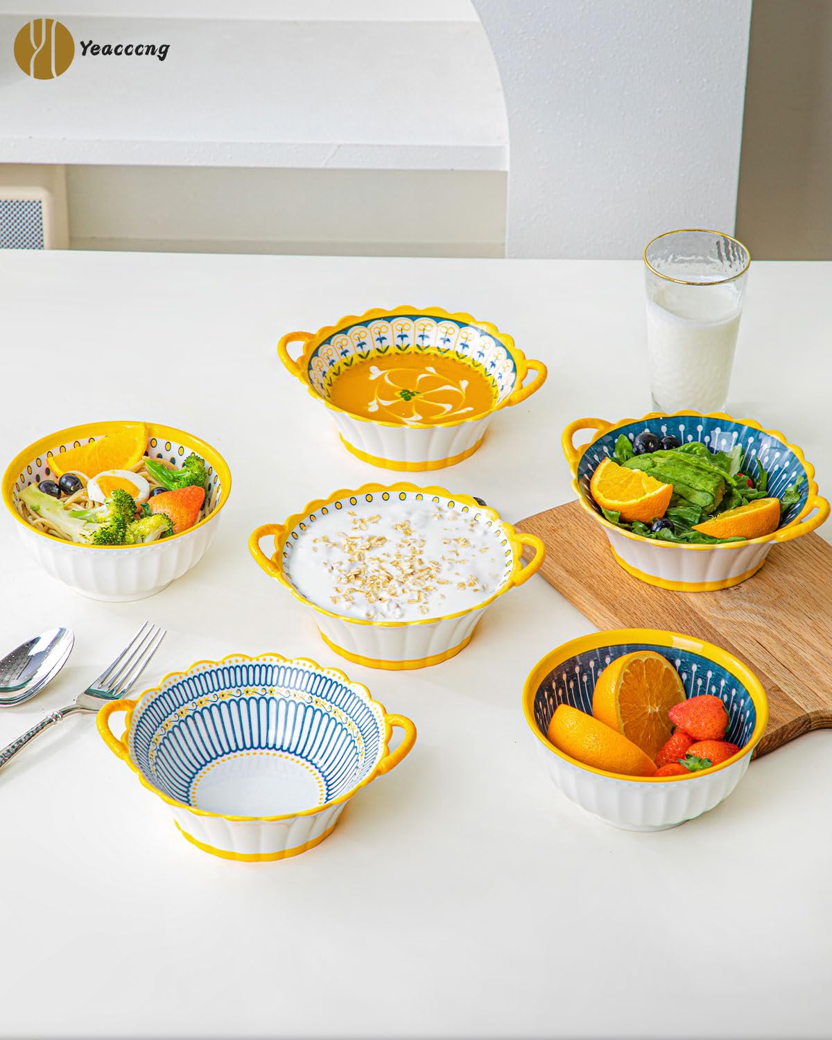 Yeacccng Bohemian Soup Bowls with Handles Set of 4, 20 Oz Indented Grooved Ceramic Bowls, 6.5 Inch French Onion Soup Bowls, Lead-Free, Scratch-Resistant, Oven/Microwave Safe
