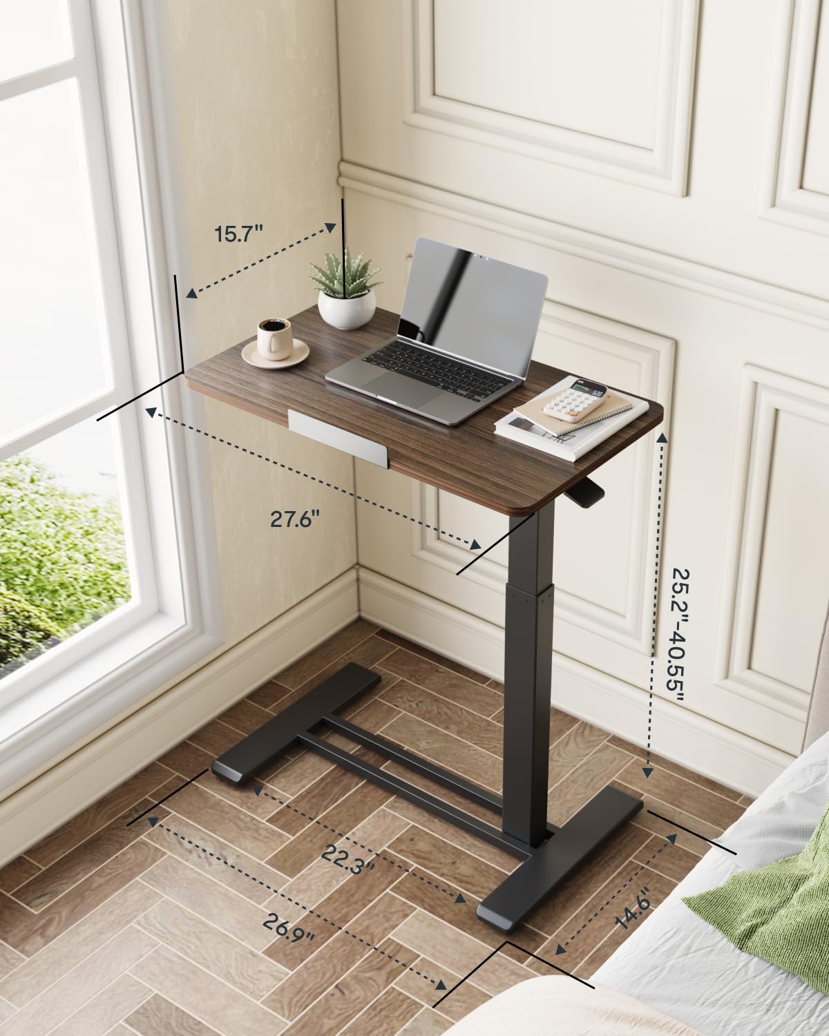 FLEXISPOT H7 PRO Mobile Standing Desk Adjustable Overbed Table Pneumatic with Wheels 55°Tiltable Portable Laptop Desk Rolling Computer Cart Foldable Bedside Table(27.6" W x 15.7" D, Rustic Brown)