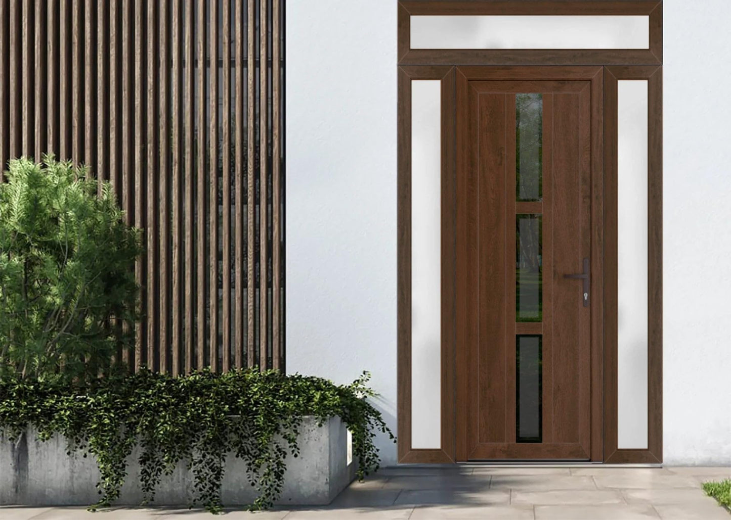 VDOMDOORS Front Exterior Prehung Metal-Plastic Door Frosted Glass | Manux 8112 Walnut | 2 Side, Top Sidelite Transom | Residential Doors Entrance Patio Garage 60 x 94 (W12+36+12 x H80+14) Left-Inswing
