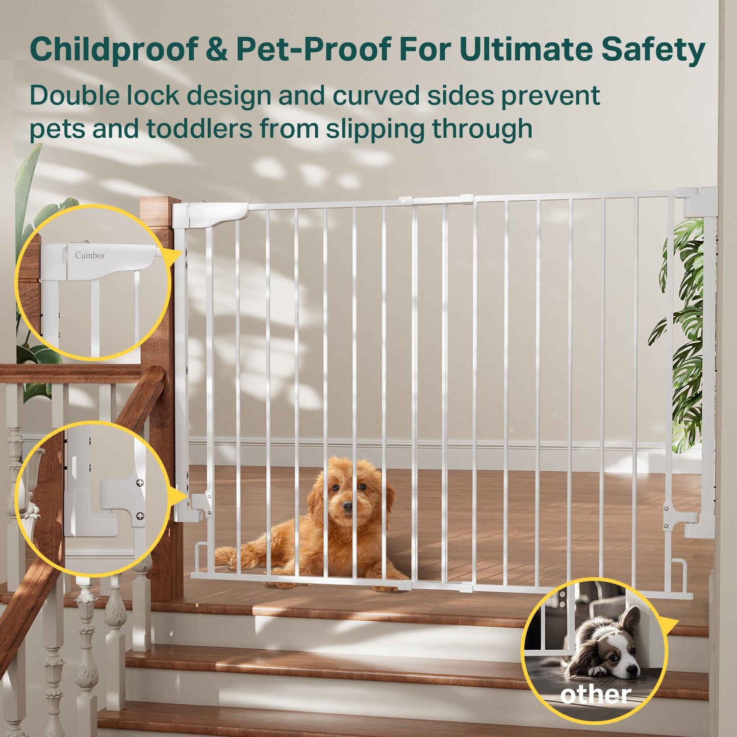 Cumbor 34" Extra Tall Baby Gate for Stairs, Hardware Mounted (Drill Required), Expandable 31.6-48" No Bottom Bar Dog Gate Indoor for Larger Pets, Large Walk Thru Door for Easy Access (White)
