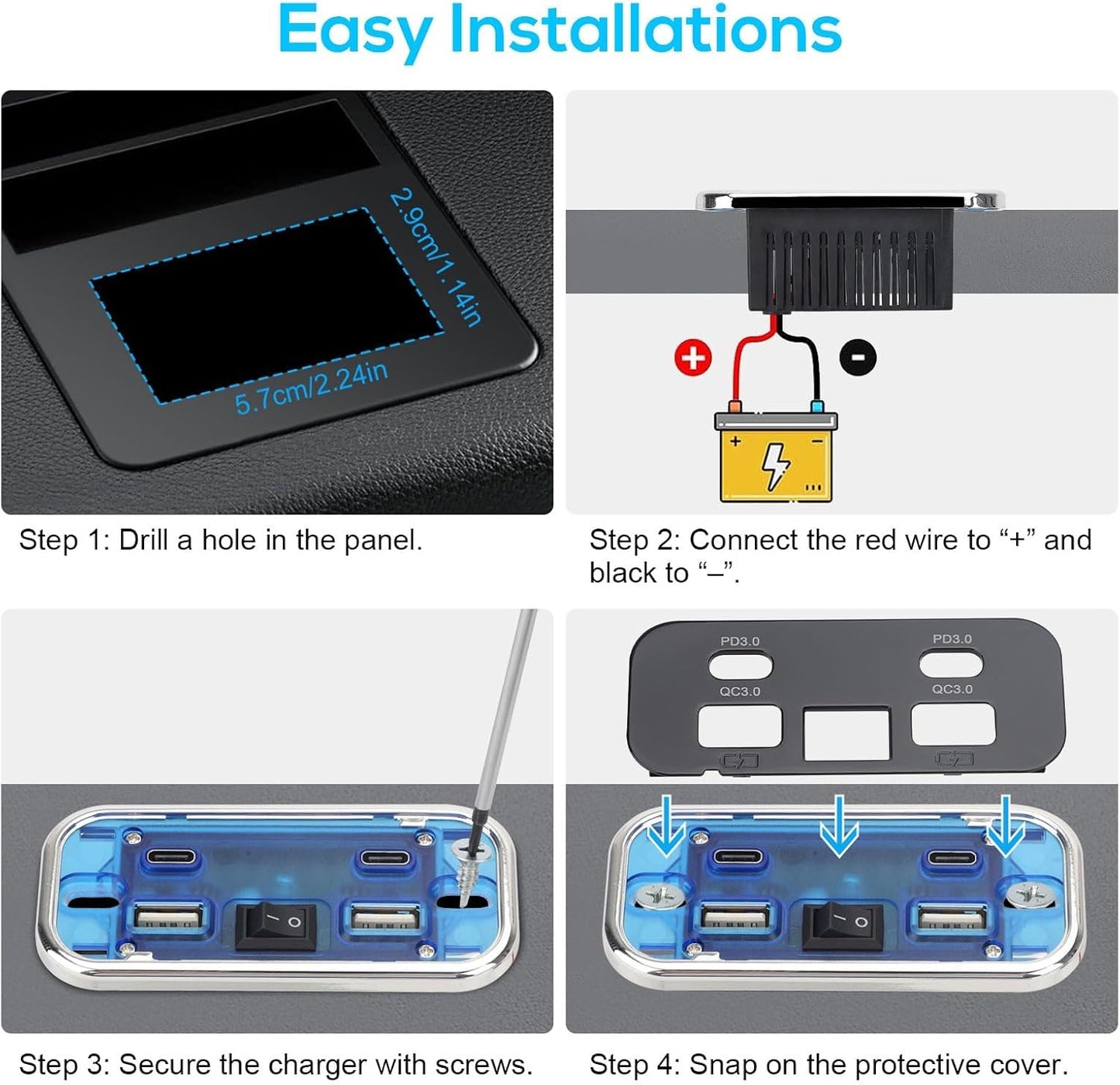 76W 18W 20W PD3.0 12V/24V Linkstyle RV USB Outlet, Dual USB-A & Dual Ports, Power Outlet Panel with Switch for Car