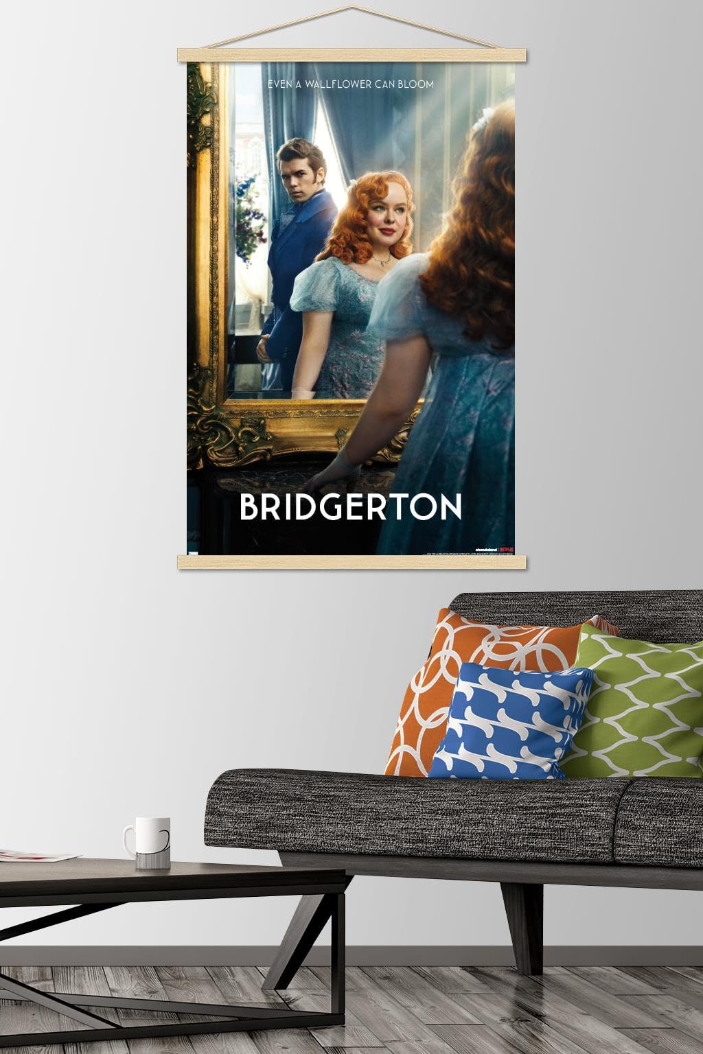 Trends International Netflix Bridgerton: Season 3 - Penelope and Colin One Sheet Wall Poster with Magnetic Frame, 22.37" x 34.00", Premium Print and Beechwood Hanger Bundle