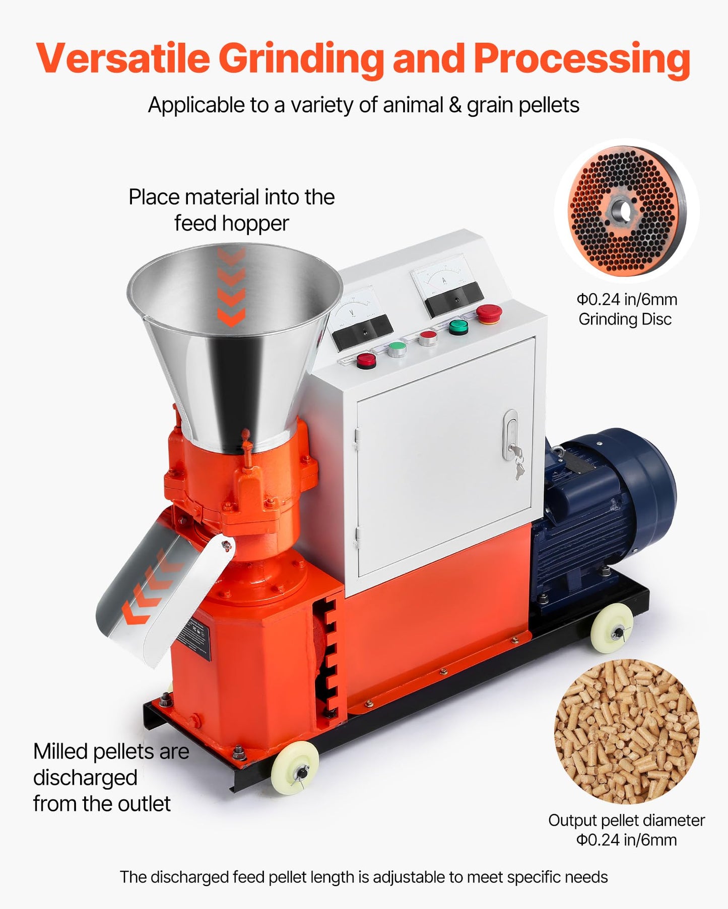 VEVOR Feed Pellet Mill Machine, 6 mm Animal Feed Pellet Making Machine, 3KW 240V Animal Food Granulator Mill Machines with 3 Pressure Rollers & 4 Wheels, Ideal for Poultry, Livestock, Farm Animals