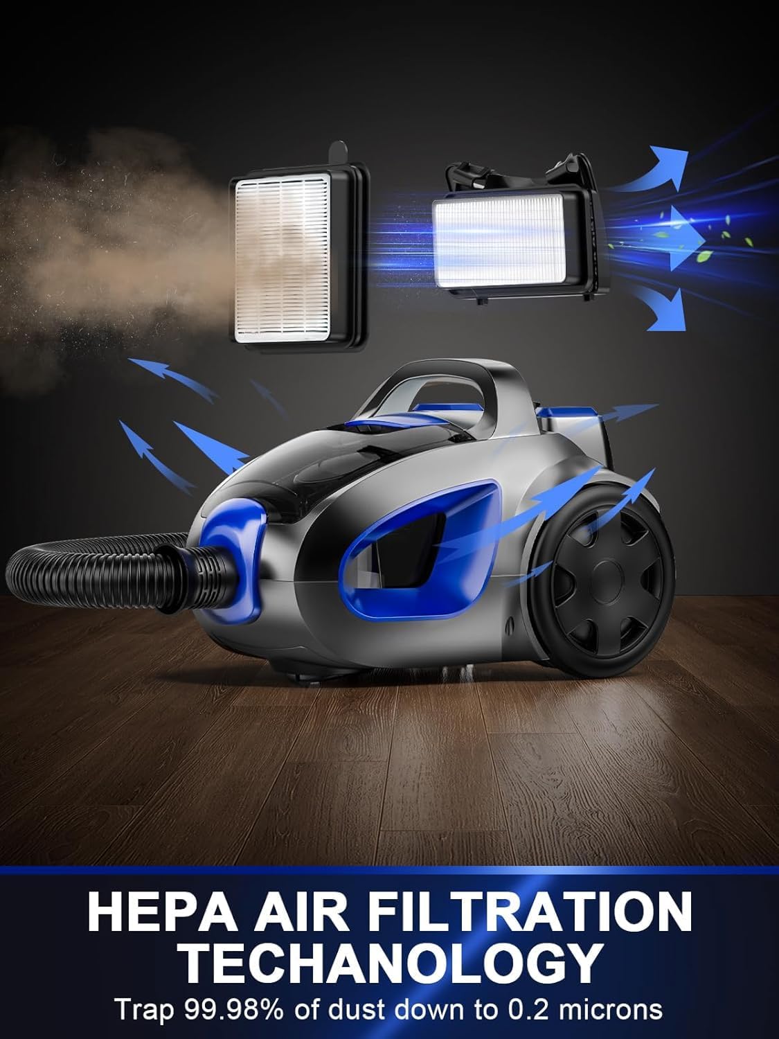 Skiennix Canister Vacuum Cleaner - 40Kpa 1600W Cyclone Power, Lightweight & Bagless | 3.7QT Dust Cup, Blue