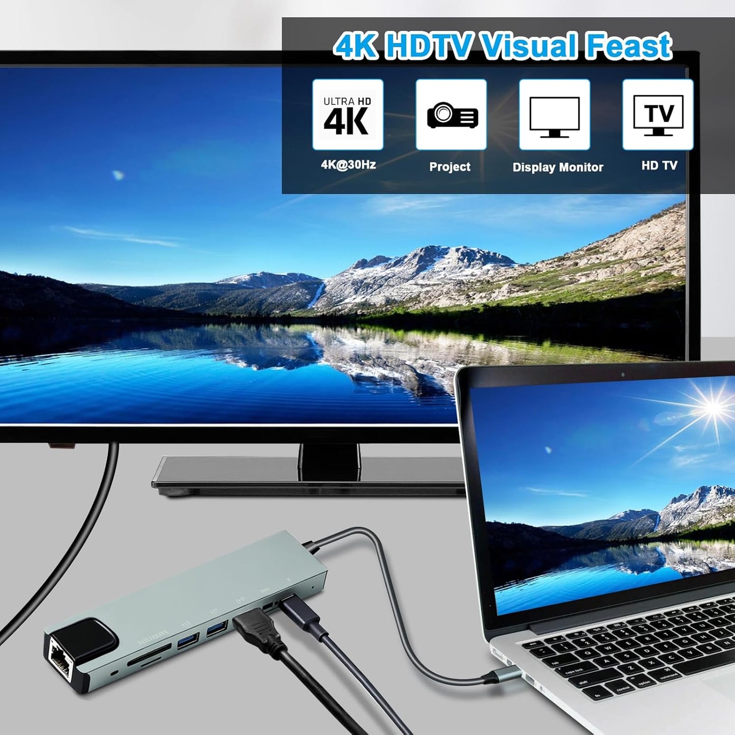 Vrebrey 8-in-1 4K@60Hz 85W 3X 3.0 USB-C Hub, Multi-Port Adapter for Laptops, HDMI, Power Delivery, USB-A & USB-C Data