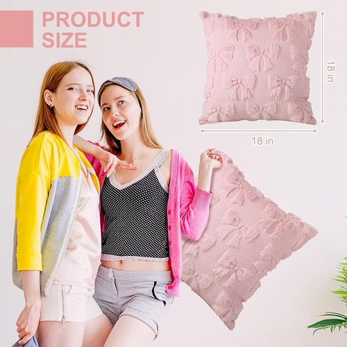 Mixweer Pink Bow Pillow Covers - Set of 2 Soft Faux Fur Decorative Pillowcases for Couch | 18 x 18 Inch