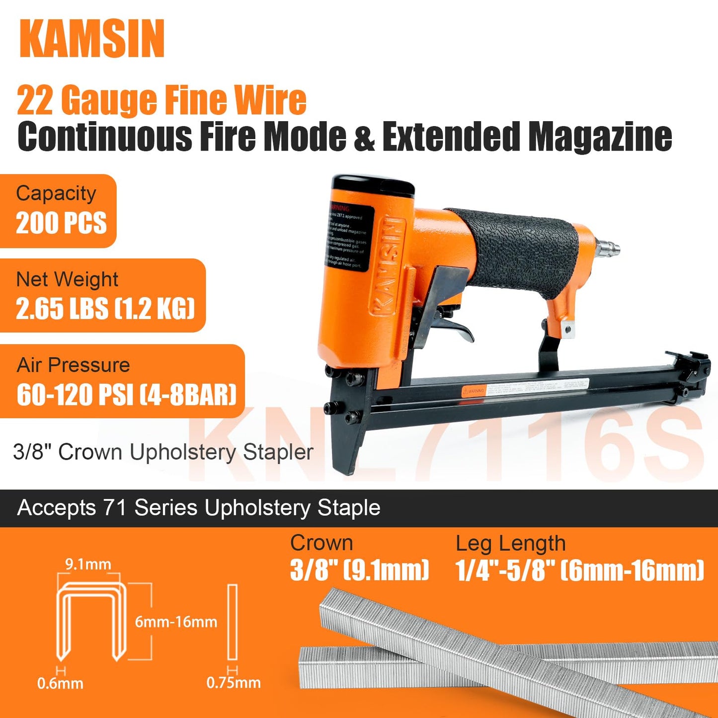 KNL7116S 22 Gauge Pneumatic Upholstery Stapler with Continuous Firing & Long Magazine, 3/8-Inch Crown, 1/4-Inch to 5/8-Inch Leg Length, Heavy Duty Fine Wire Stapler for Furniture and Fabric