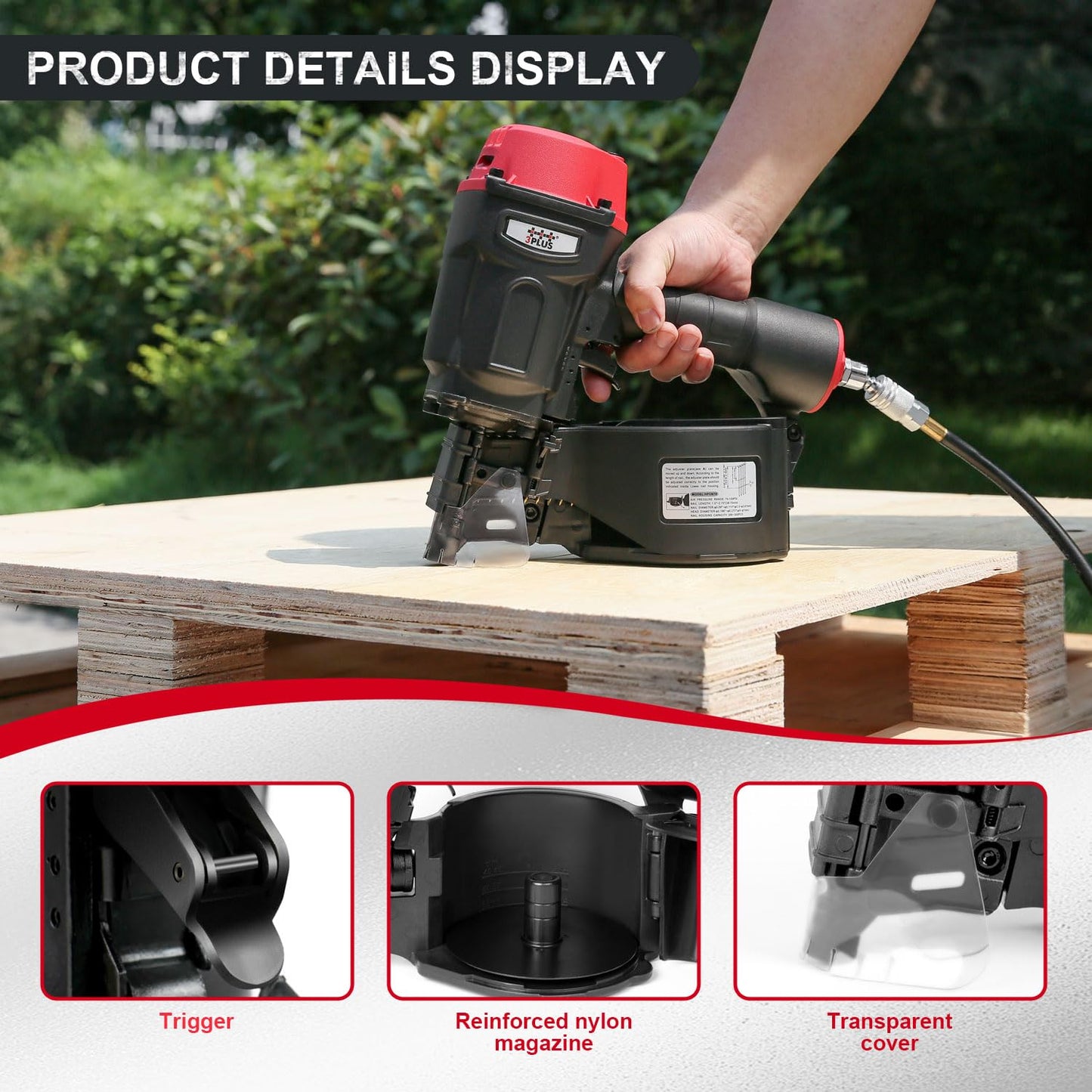 3PLUS HCN70SP Pneumatic Coil Pallet Nailer Professional Air Nail Gun Accepts 15 Degree 1-3/4-Inch to 2-3/4-Inch Wire Collated Nails