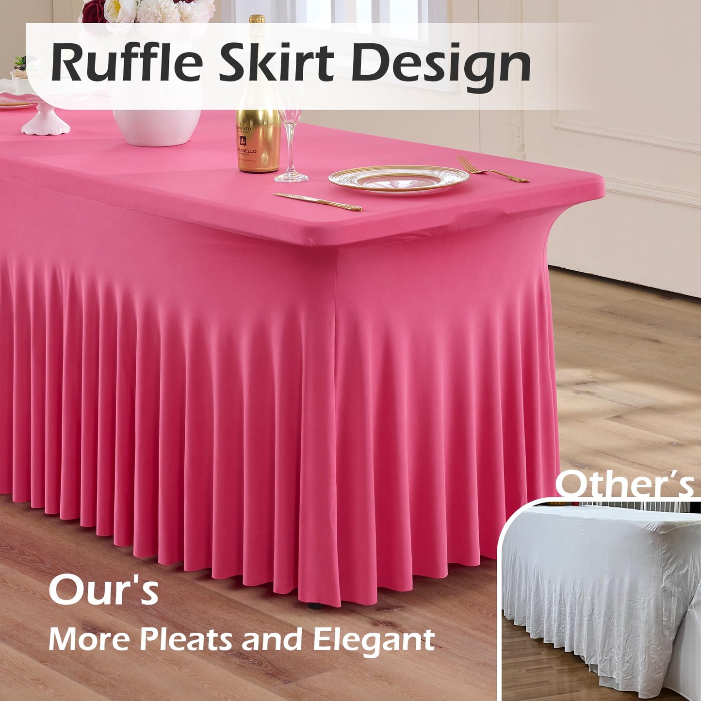 NSSONBEN 4 pk Hot Pink Spandex Tablecloth for 6 Foot Rectangle Tables, Wrinkle Free Fitted Spandex Table Covers 6ft Stretch Table Cloths with Ruffle Skirt for Parties Weddings Banquet Baby Shower