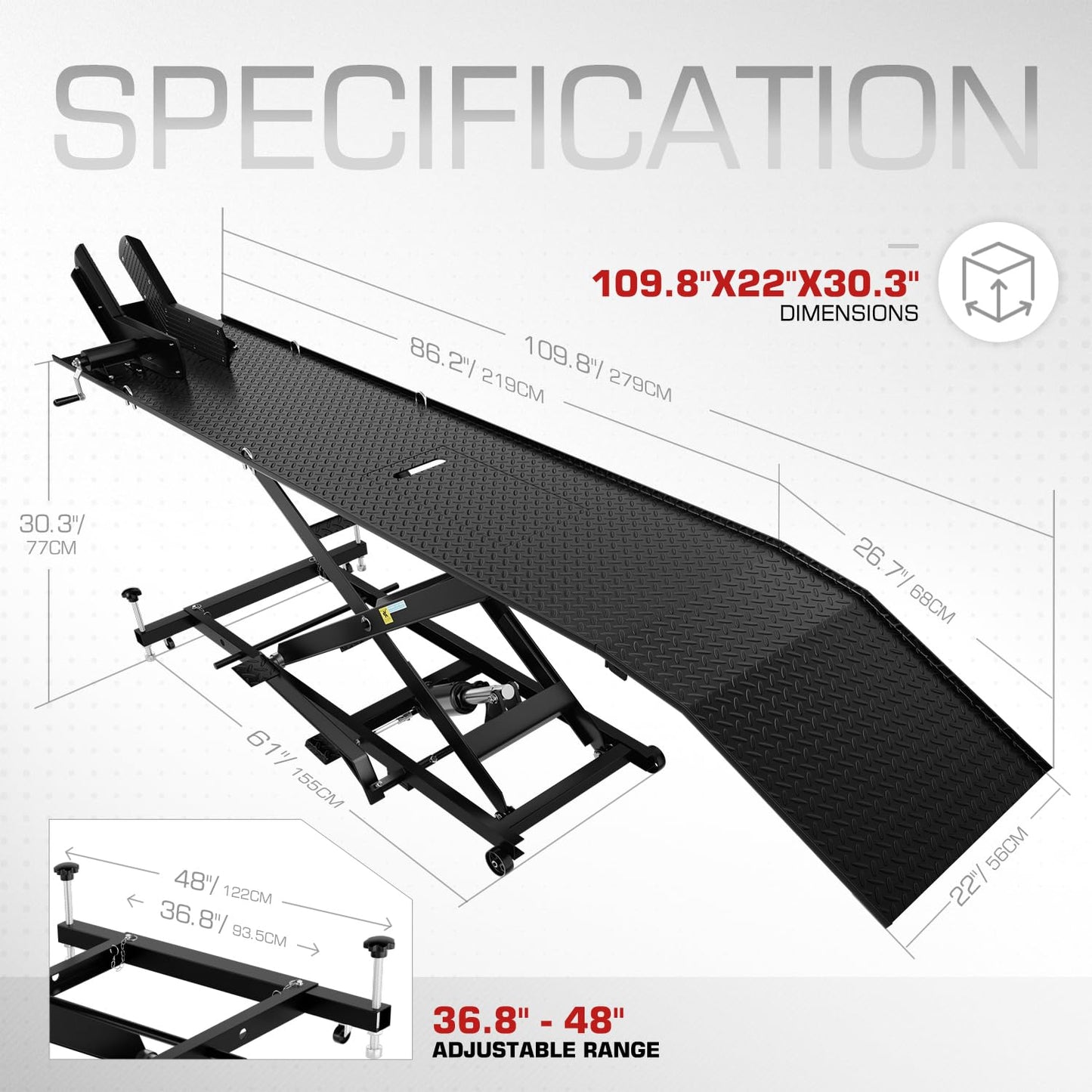 DNA Motoring Motorcycle Lift Table 1000lbs Capacity Motorcycle Support Stand L 86.2in x W 22in Motorcycle Lift Jack Lifting Range 7.2-30.3in Black TOOLS-00780