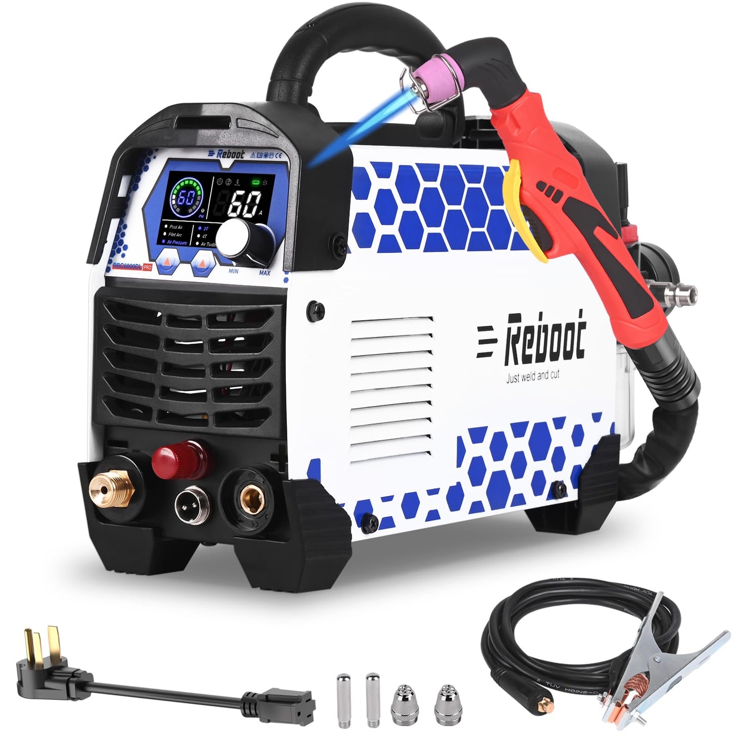 Reboot Pro 60A Plasma Cutter 2025, Pilot Arc Non-Contact Cutting, 120V/240V Dual Voltage,Large Digital Smart Screen with 250Amp MIG Welder TIG Torch Included 120V/240V RBM2500 PRO, 8-in-1 MAG/Lift TIG