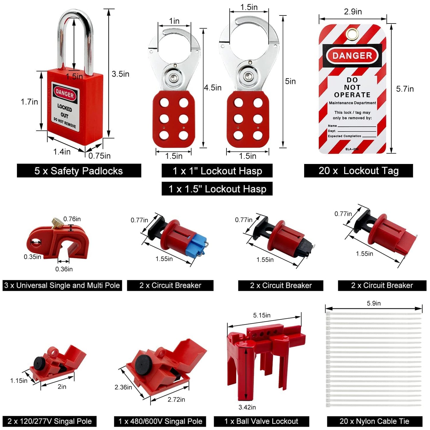 SAFBY Lockout Tagout Kit Electrical Loto - Clamp-On Circuit Breaker Lockout, Group Lockout Hasps, Lockout Tag, Universal Multi- Pole Breaker for Kit Station (Box Orange Kit)