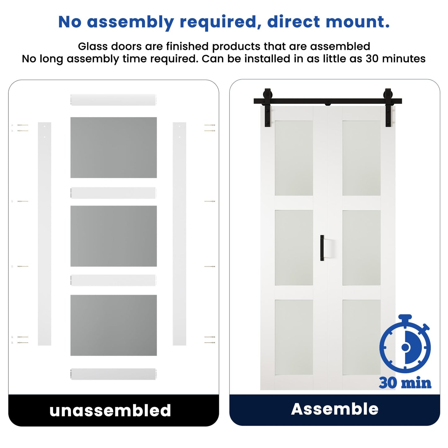 SMARTSTANDARD 30in x 84in Bifold Barn Door, Frosted Glass Barn Door with Hardware Kit Included, Pre-Drilled Holes Easy Assembly -Solid Barn Doors Slab Covered with Water-Proof PVC Surface, White