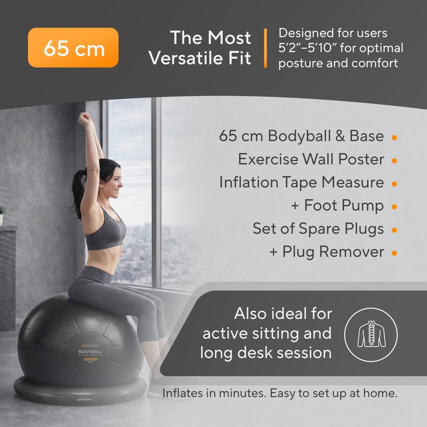 MANTRA SPORTS Yoga Ball Chair - Stability Ball and Exercise with Base for Office Desk Sitting, Active Chair for Posture & Core Support, Seat for Home Gym, Abs, Stretching, Therapy, Fast Pump Included