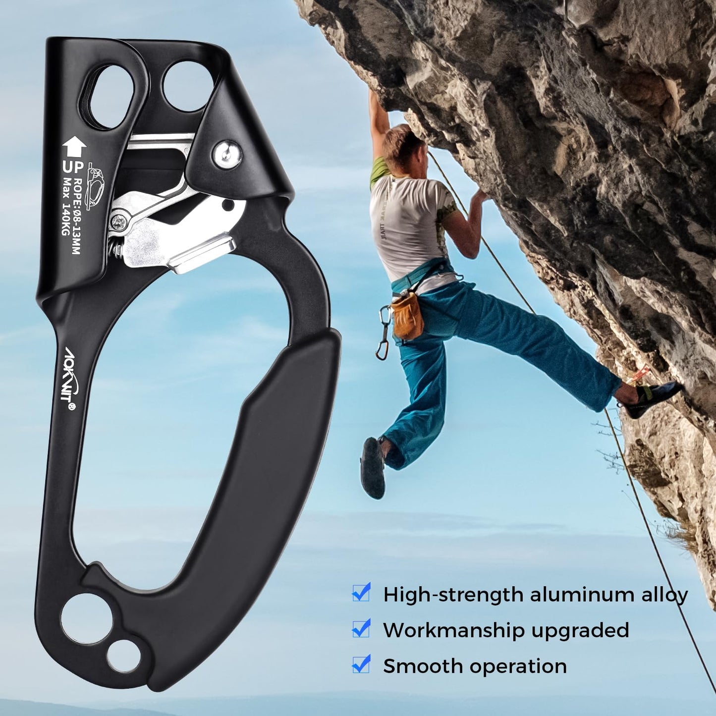 Erosados Hand Ascender for Outdoor Rock Climbing Ascender Strong Rappelling Gear for 8-13mm Rope Climbing Equipment for Tree Climbing Mountaineering Caving Adventures (Right Hand)