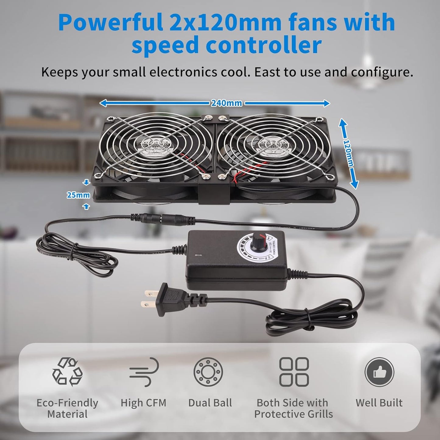 120mm 110V 240V Closet Dual High CFM Computer Fans with AC Plug, AC - Variable Speed Fan, Cooling for Server Cabinet