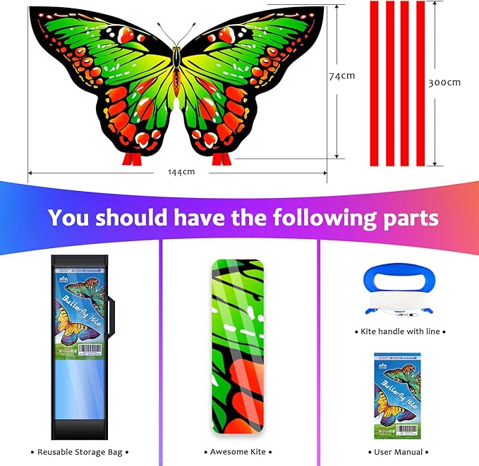 HONBO Butterfly Kites for Kids & Adults,55" x 28" Large Beginner Kite for Kids Ages 4-8,Easy to Fly for Beginners, Each Kite with 300ft Line Handle,Beach Kites for Outdoor Activities & Family Trip